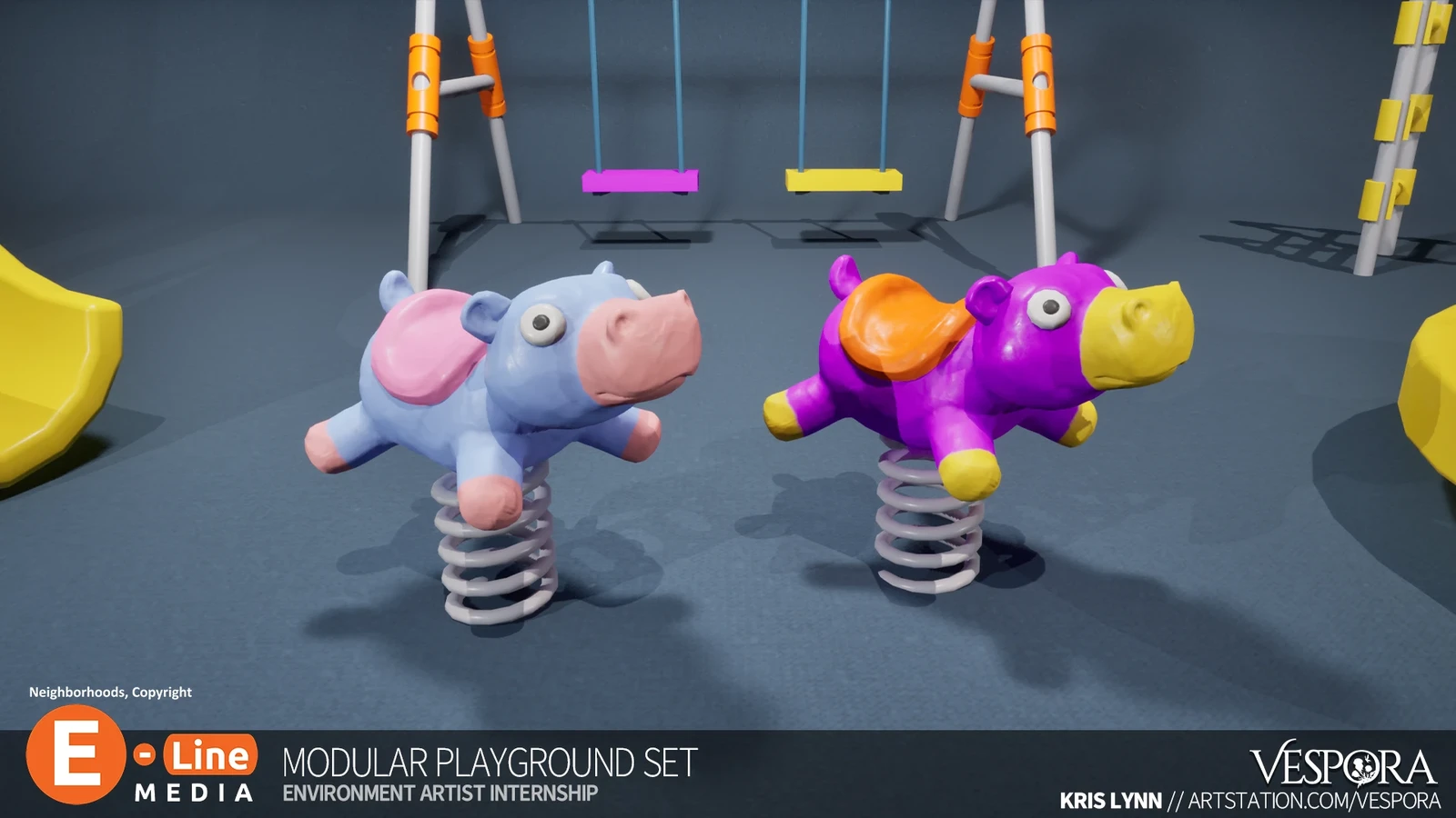 Closeup of the Bouncy Animal Props for the Playground Set. The nuance of making them feel like they are miniature scale with a clay material was a wonderful challenge. 
