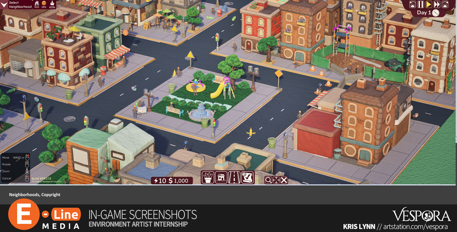 In-game screenshot featuring the Playground, Park Bench, and Fountain Props