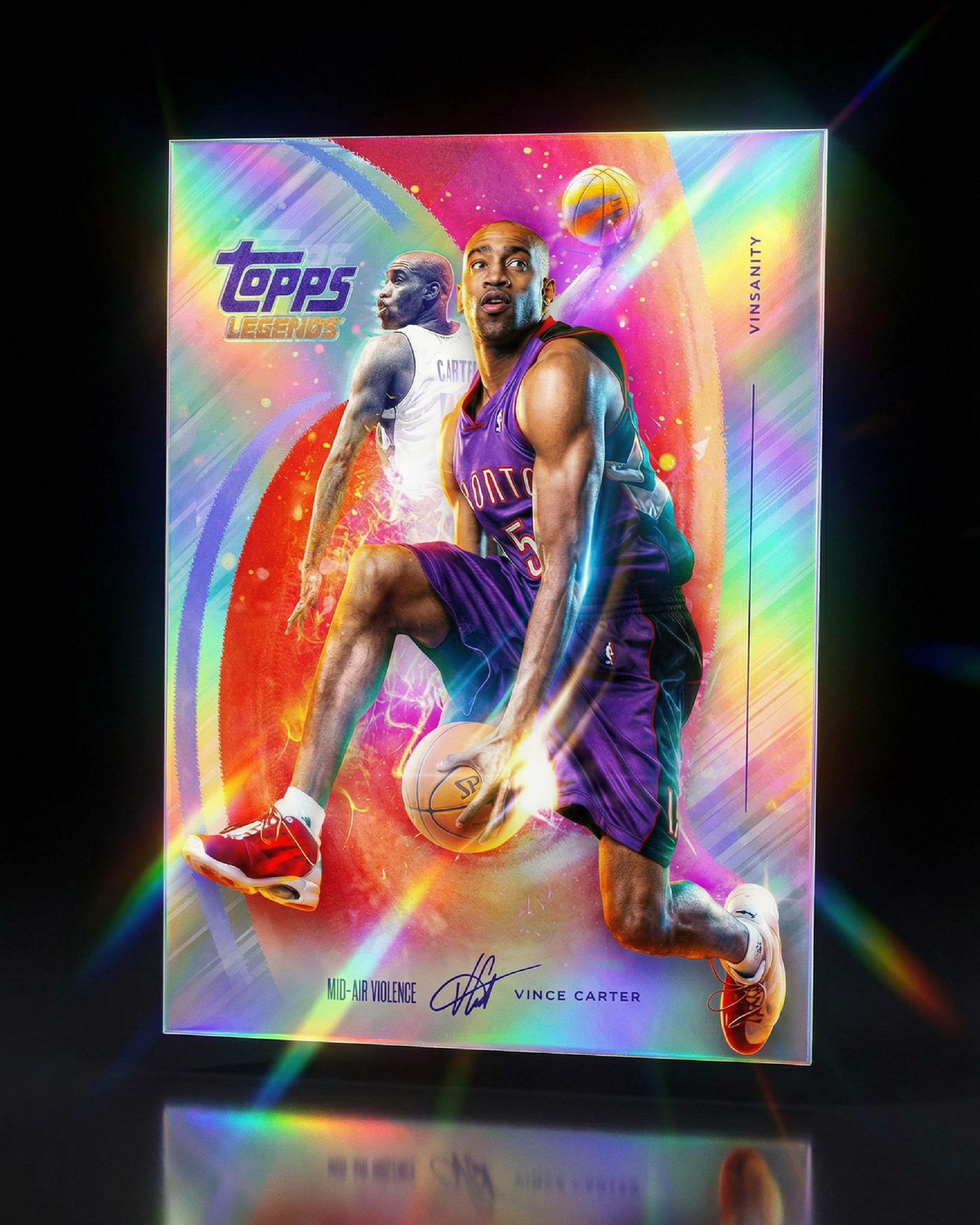 A rainbow holographic chrome version inspired by modern Topps Chrome cards, featuring reflective diffraction lighting effects