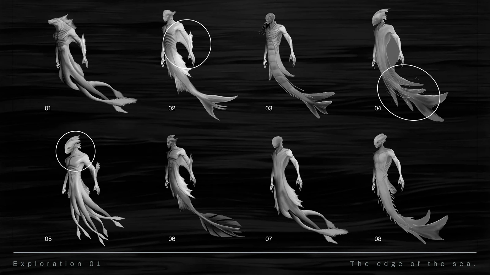 Sketch 01
I sought to recreate this creature born from the pact between dying humans and the sea without making it a monster or a hero: I wanted it to feel like the boundary that maintains the balance of the marine world.