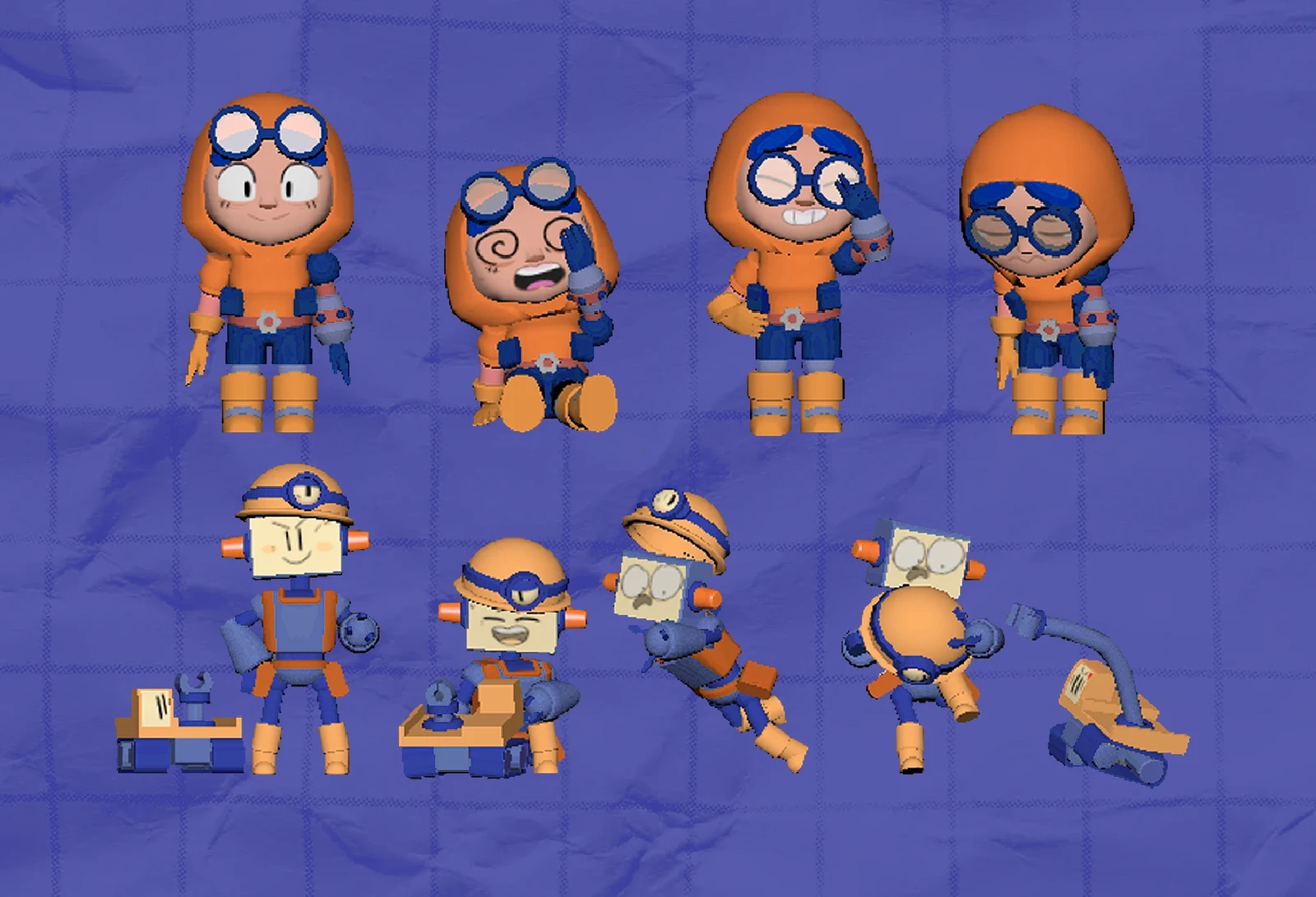 Mockup Character Models shown in various test poses, showcasing what their win/lose animations may look in-game.