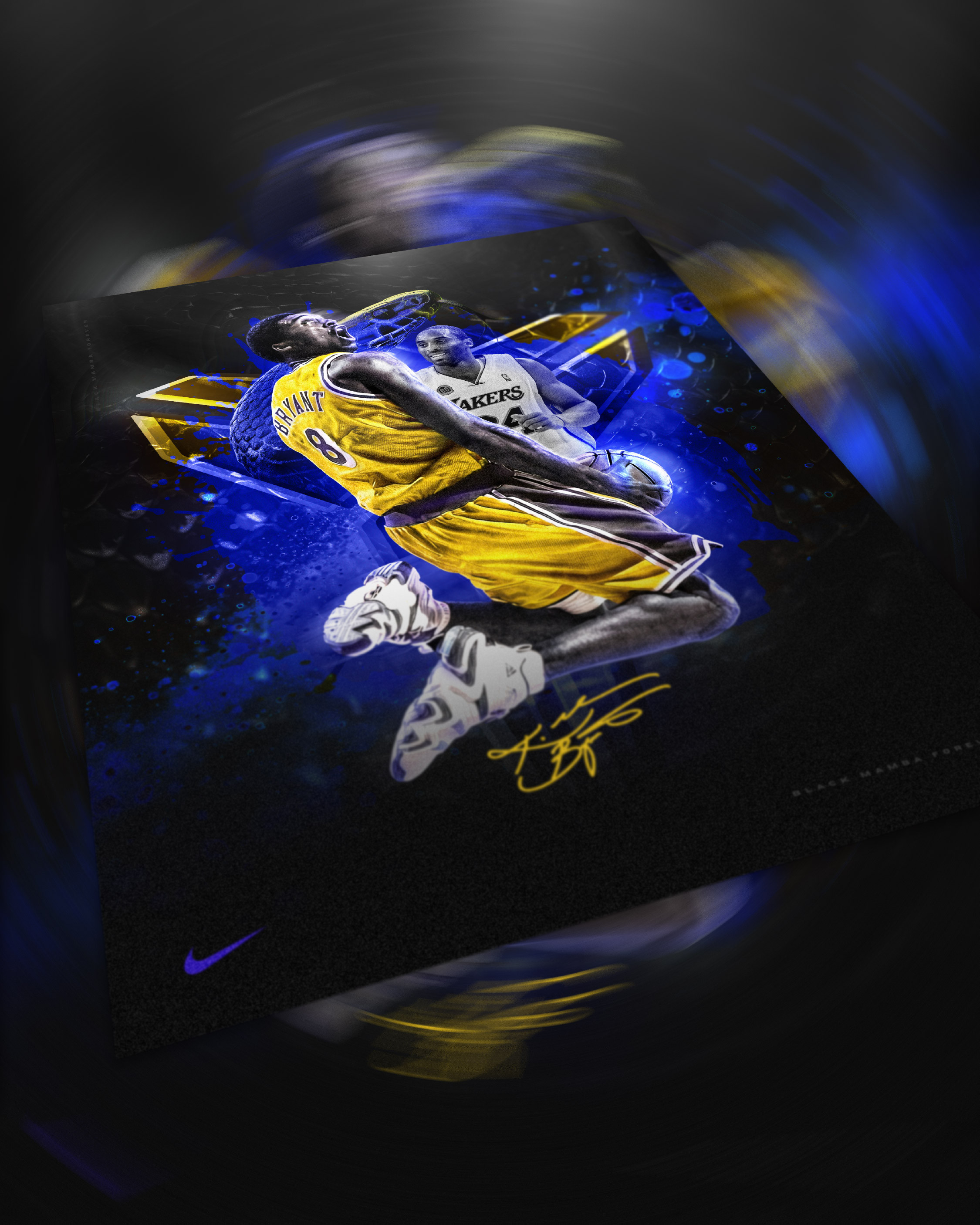 A dynamic presentation of the poster designed to simulate movement and energy, reinforcing the explosive athleticism and intensity associated with Kobe’s playing style