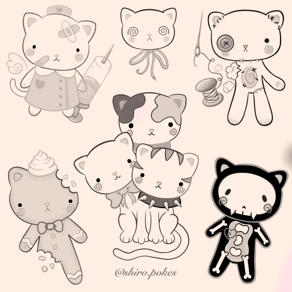 Kawaii Kitties Tattoo Designs black&amp;white