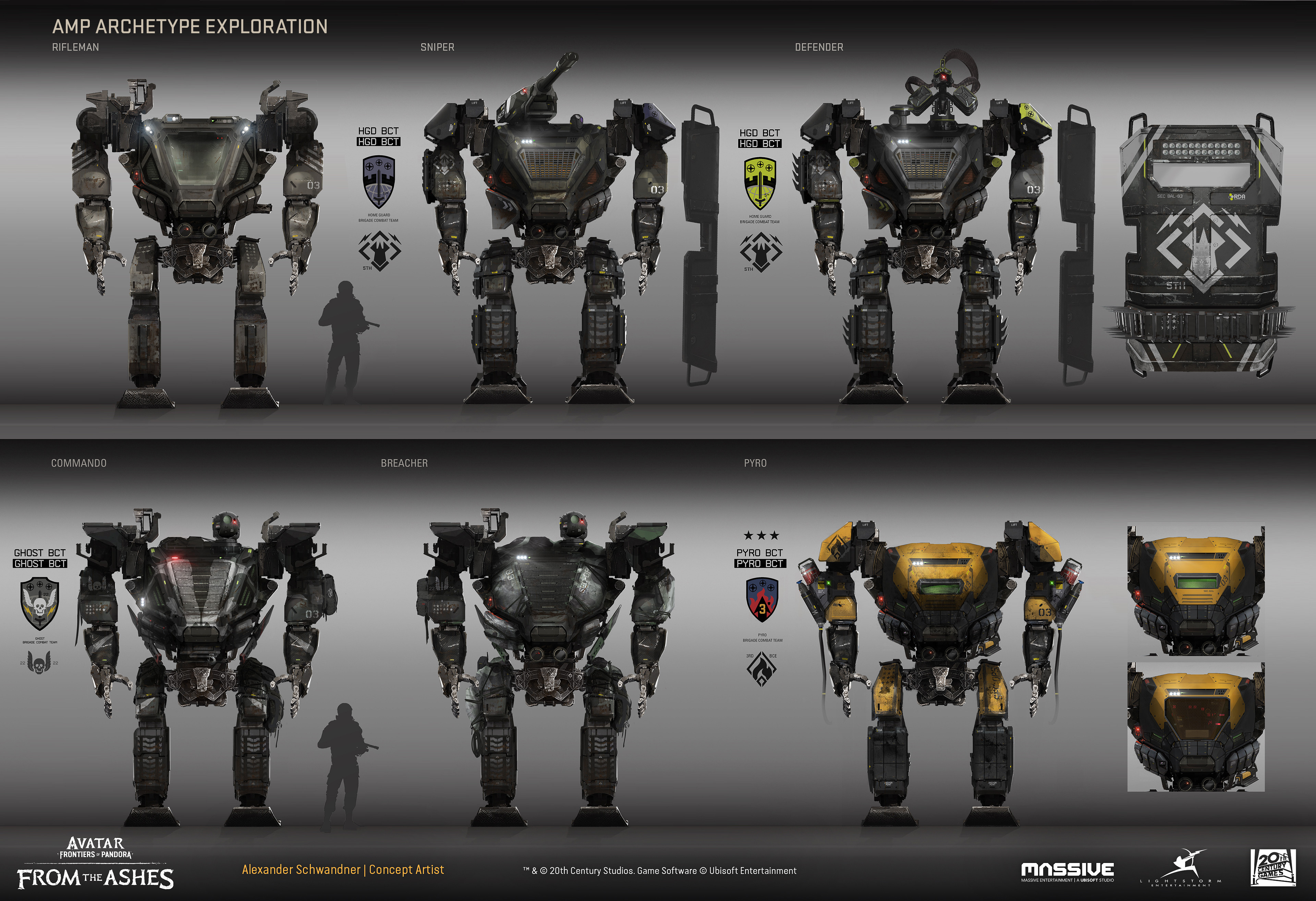 Initial visdev sketches for new and revamped AMP archetypes 