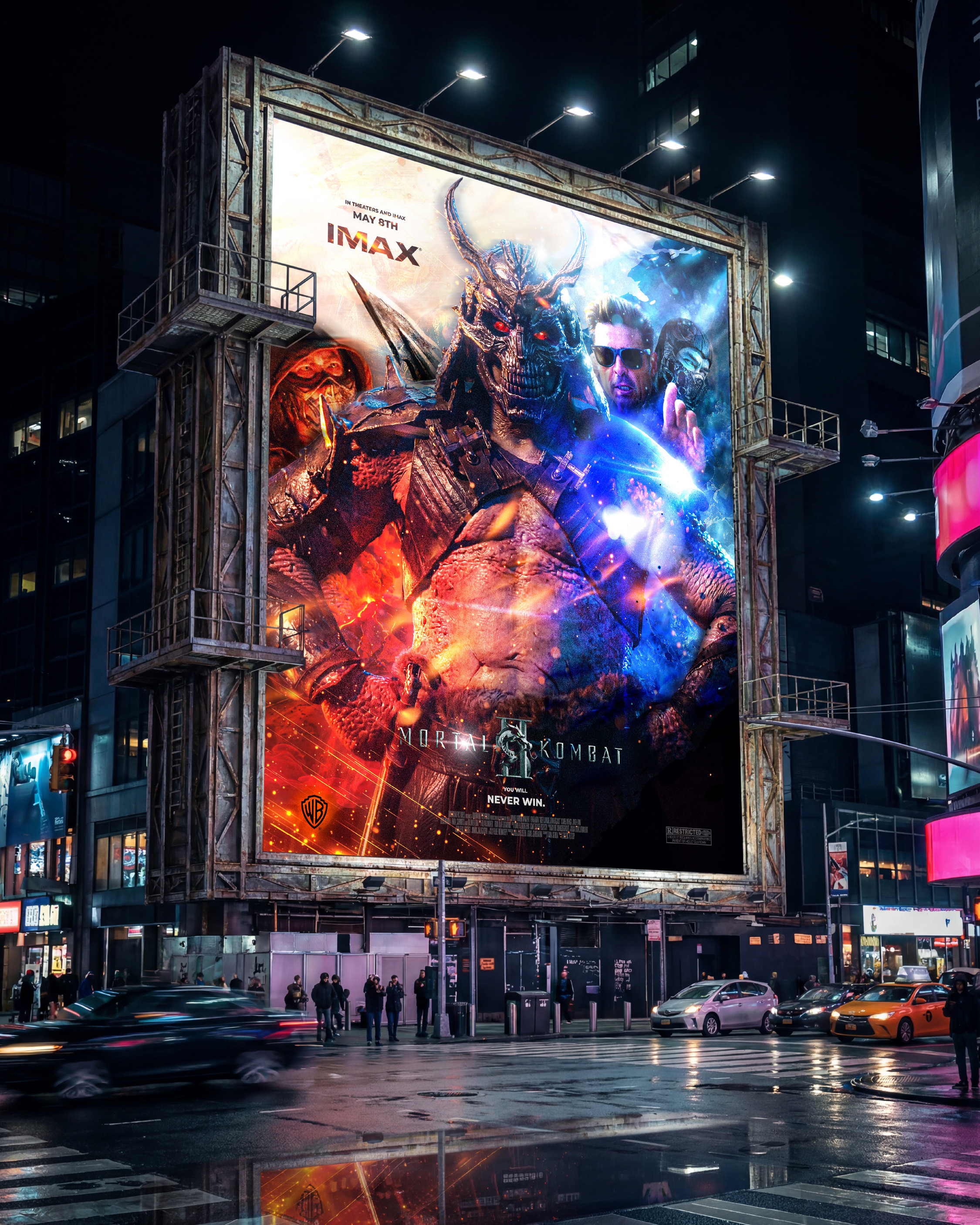 Times Square billboard at night in the rain. This is where campaigns like this actually live. The wet street reflection and city scale make the creative feel like it belongs exactly here