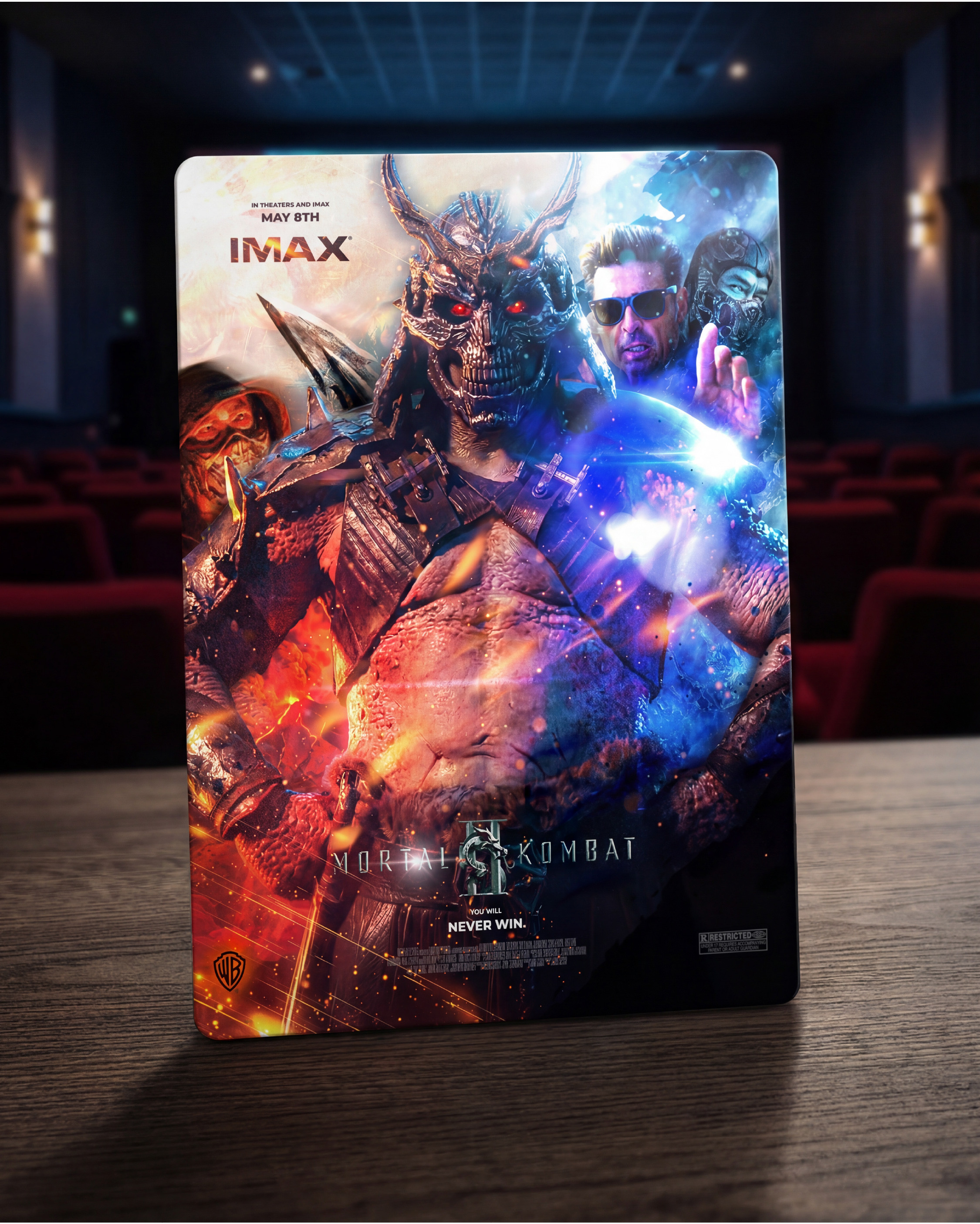 Cinema lobby standee mockup. Placing it inside an actual theater environment with the red seats in the background puts the poster exactly where it would meet an audience in real life