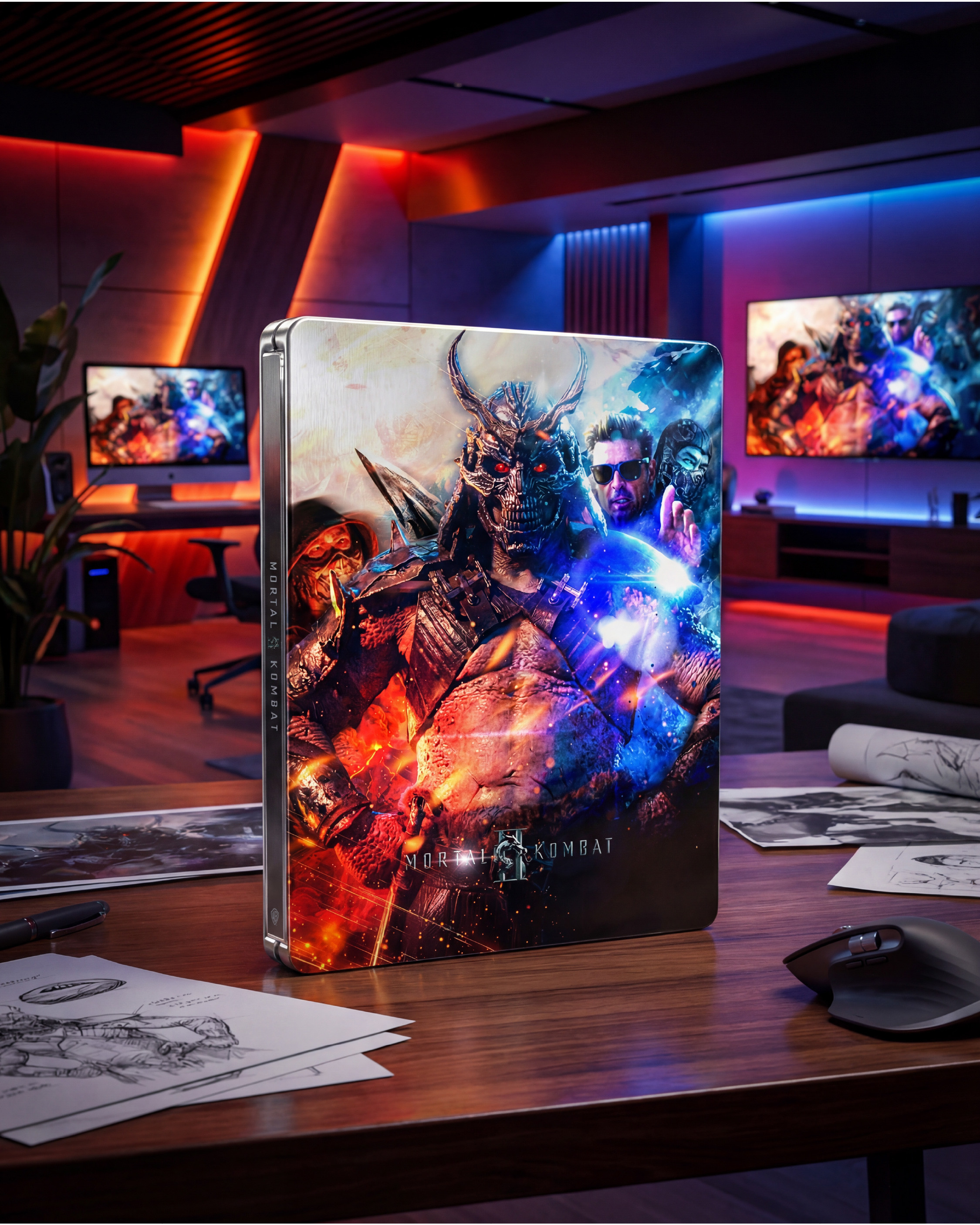Steelbook collector edition mockup. With the campaign displayed across the monitors in the background, this slide shows the creative living in the gaming and collector space where Mortal Kombat has always had a massive audience