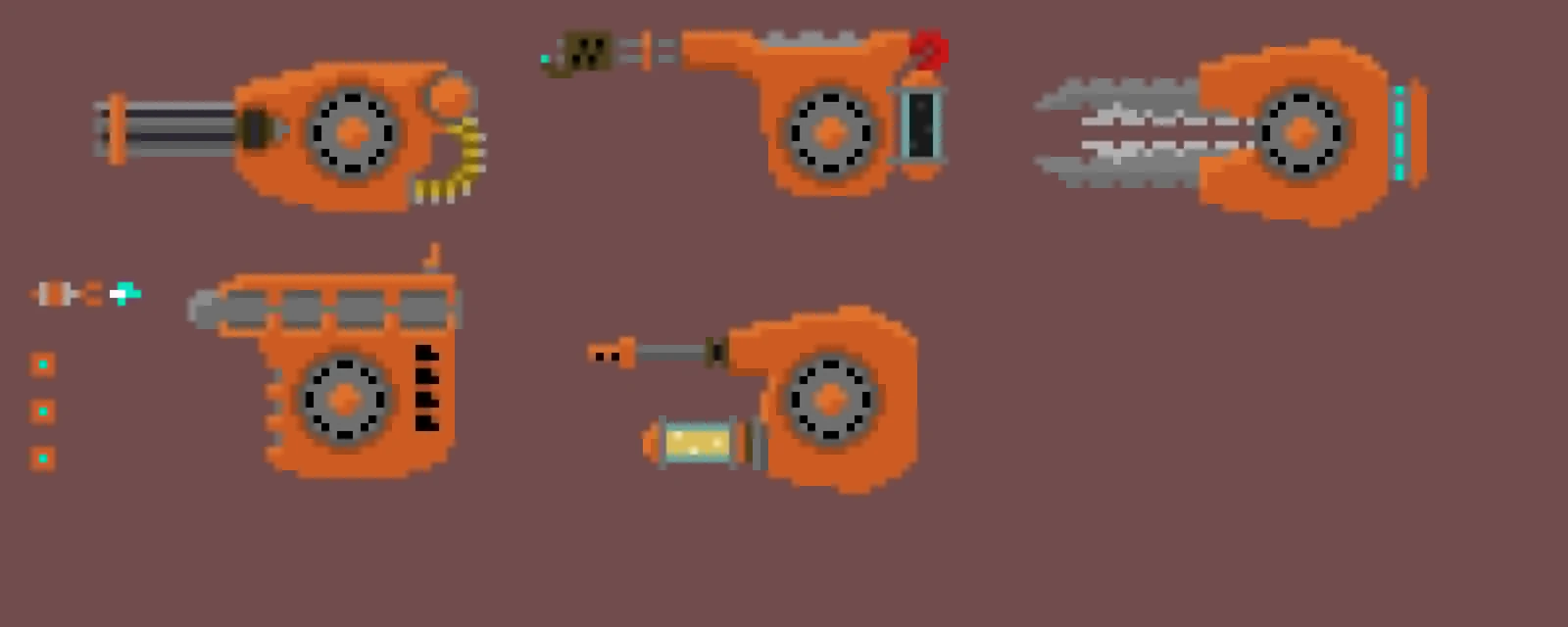 Full Turret roster:
Minigun, Flamer, Plasma gun, Missile and Glue Gun