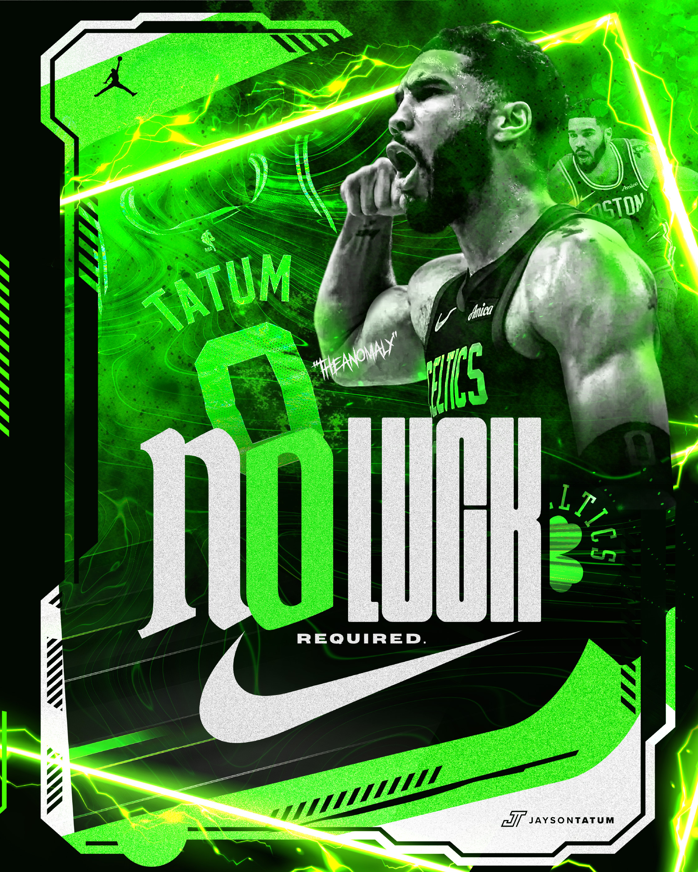 Jayson Tatum. The Anomaly. No Luck Required. St. Patrick's Day green but built for year round greatness. Distressed blackletter. Neon lightning. The number 0 embedded in the composition. This is what Tatum's brand looks like at full creative scale