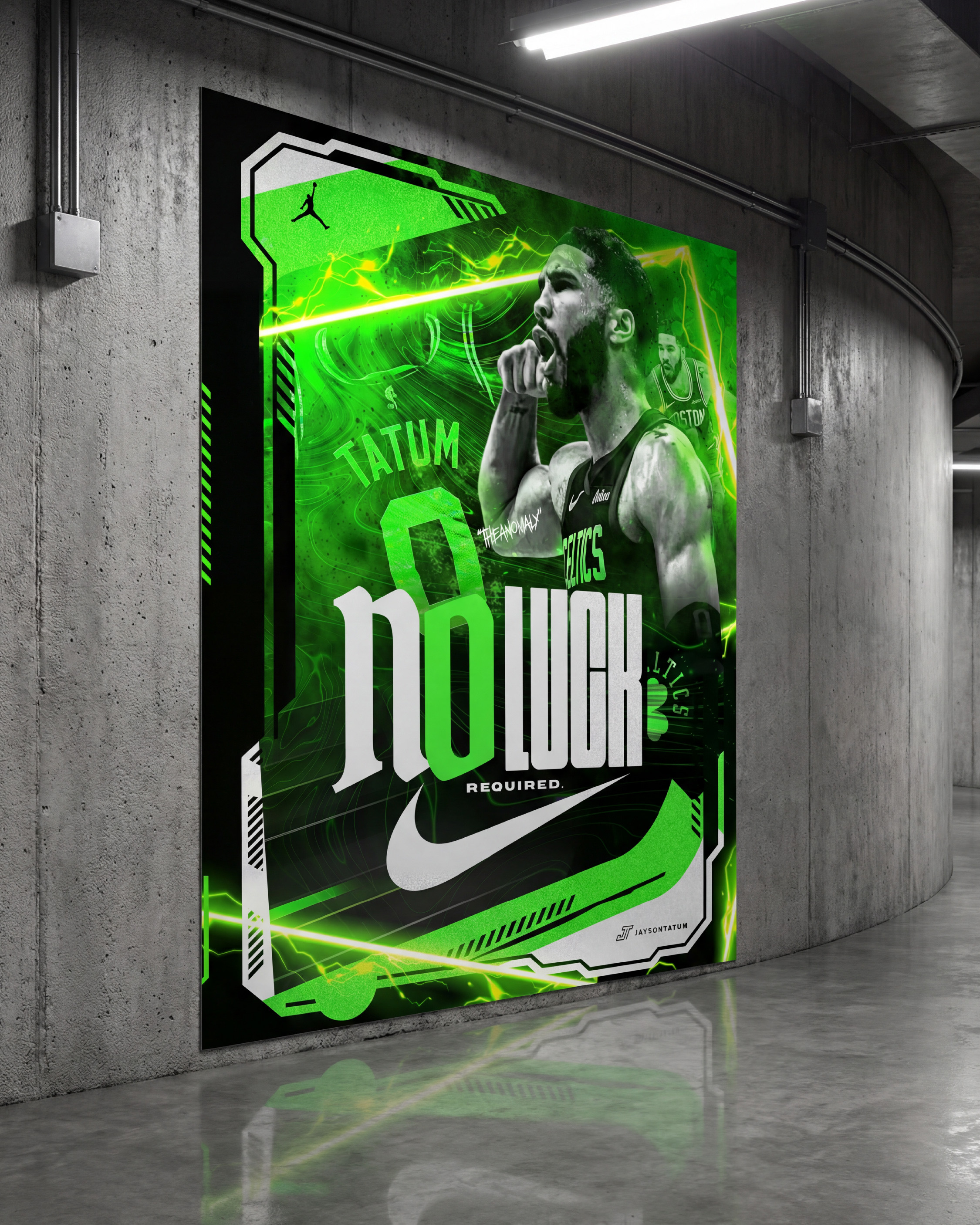 Large format wall print in an arena tunnel environment. Concrete walls. Overhead industrial lighting. The neon green electric energy of the poster glowing against the grey. This is what players walk past on their way to the court