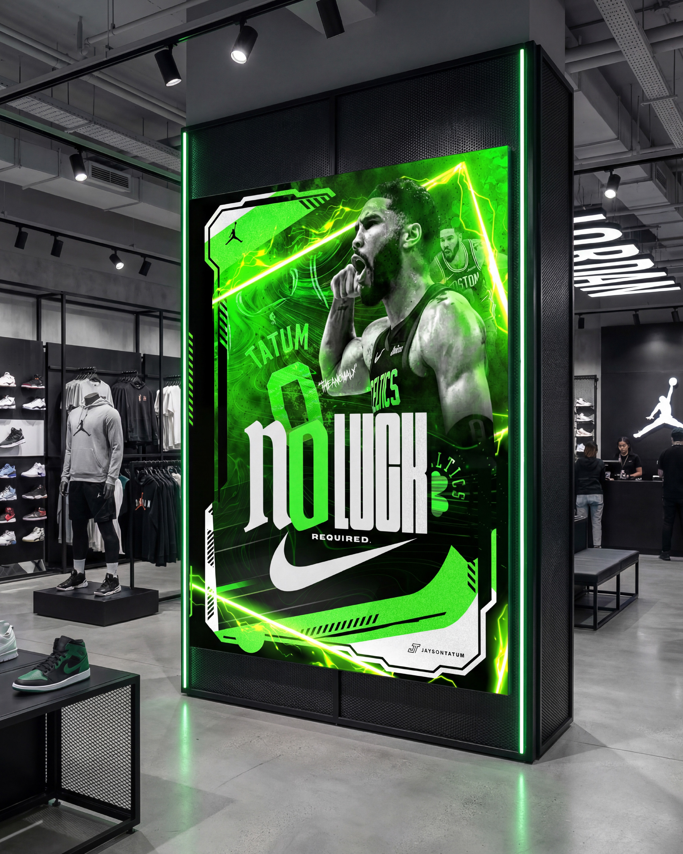 Jordan Brand flagship retail display. Jumpman logos on the walls. Shoe displays surrounding it. Neon edge lighting on the display case matching the green of the poster. This is what a Jordan Brand Tatum campaign install looks like at retail