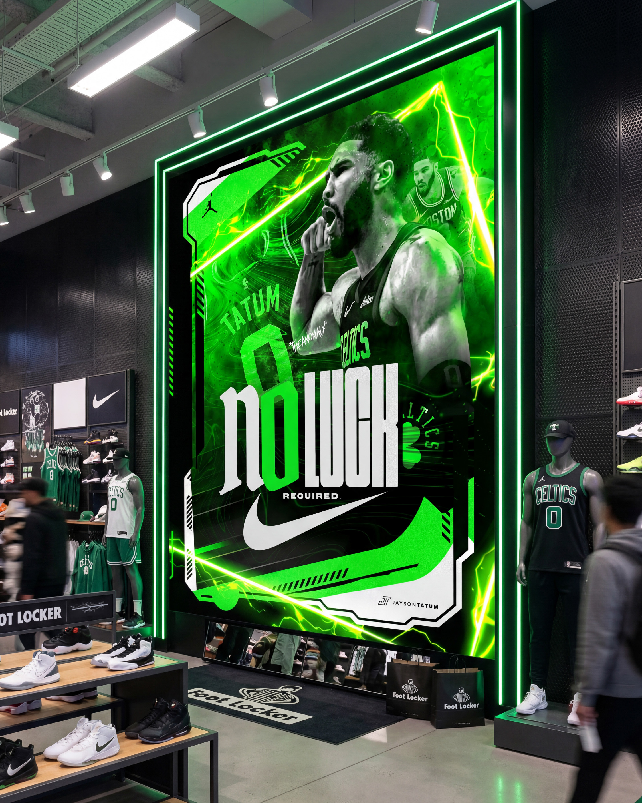 Foot Locker feature wall with a Celtics number 0 jersey mannequin standing right next to it. The poster, the jersey, the shoes all telling the same story in the same space. This is sports retail creative done right