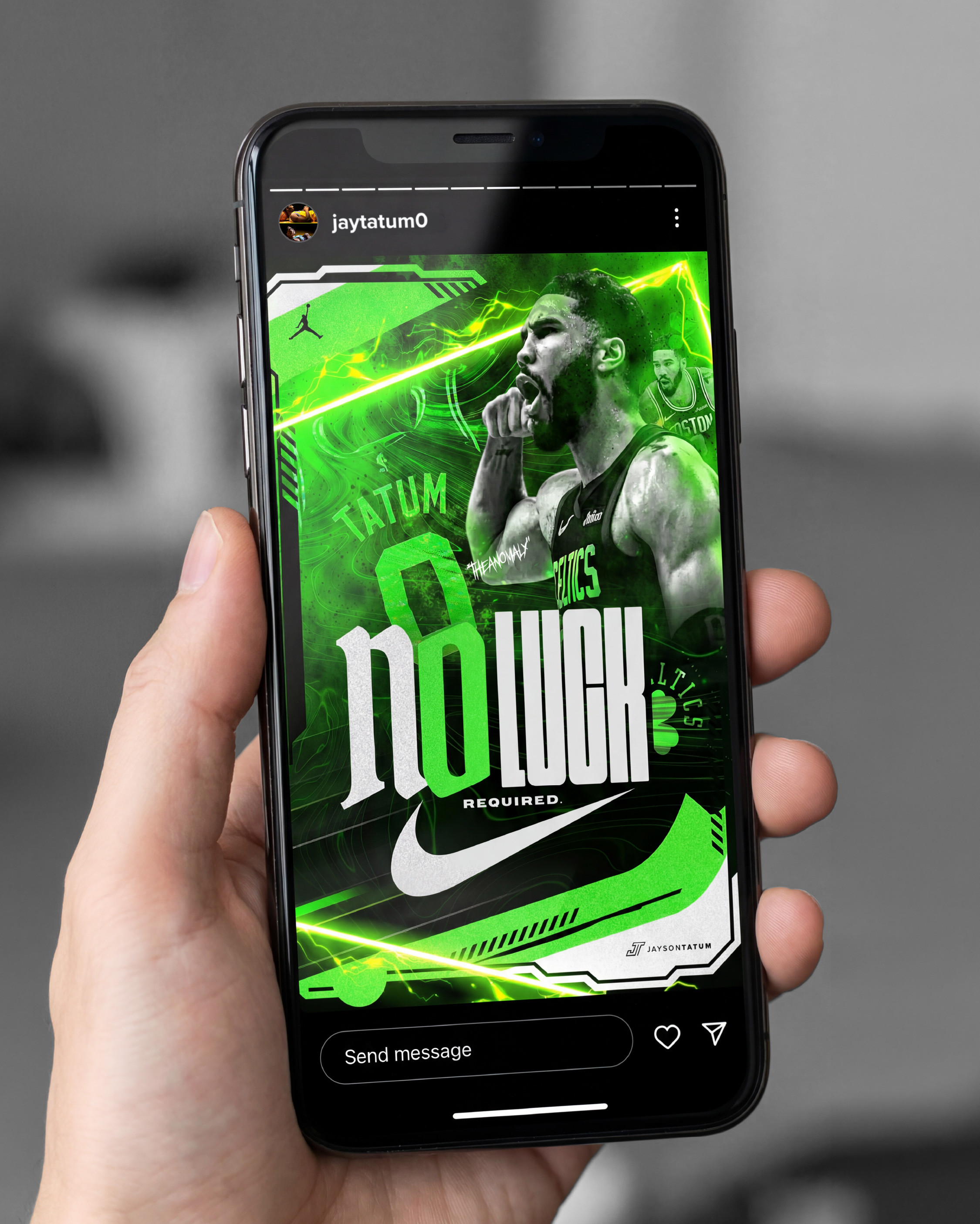 As a Jayson Tatum Instagram Story. His handle at the top. The full poster filling the screen. This is what his social team would post on St. Patrick's Day morning and exactly where this graphic belongs