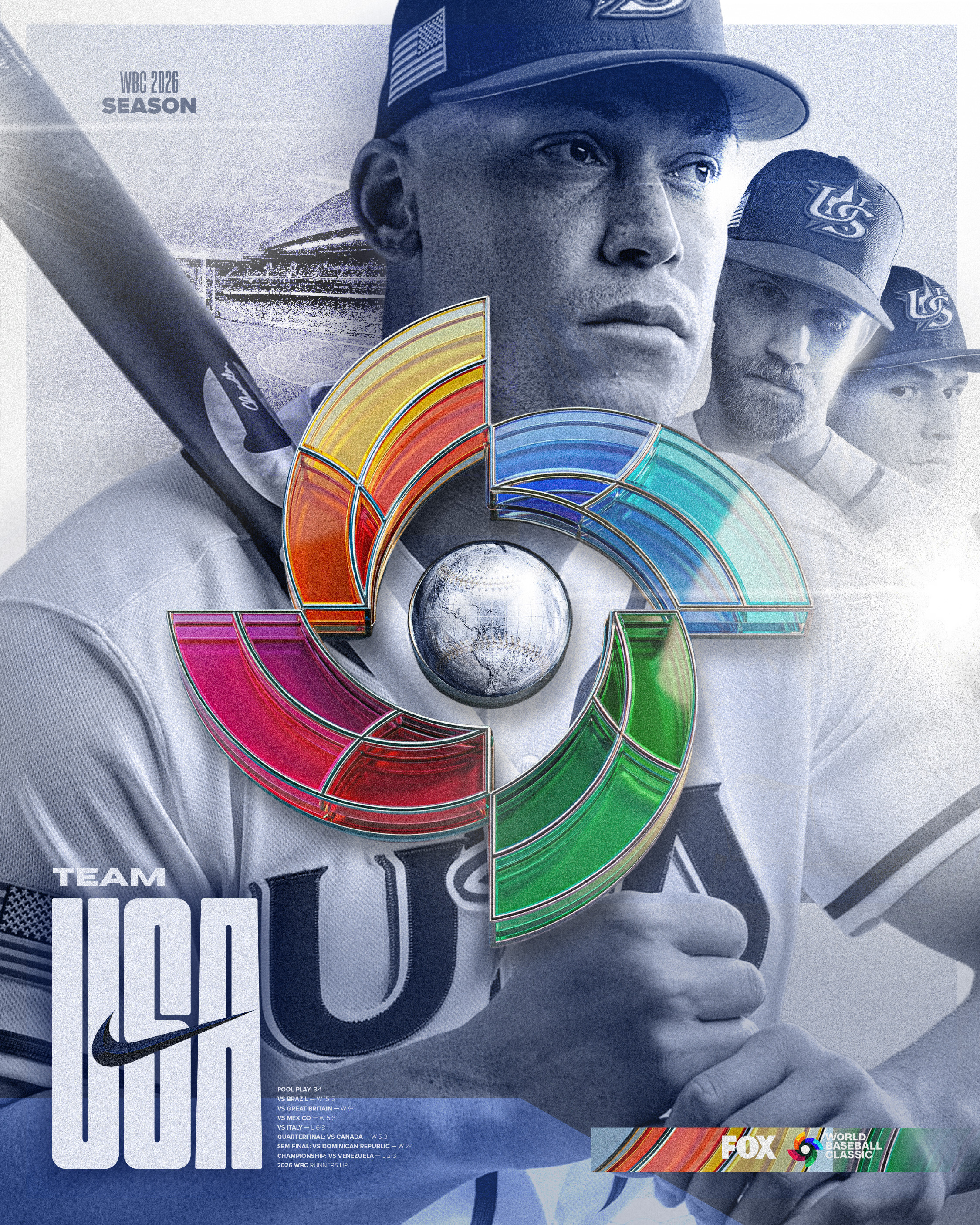 The editorial piece. Desaturated photography, oversized 3D WBC logo as the hero element. Brand identity anchors the composition, athletes support it. Clean, sophisticated, broadcast ready