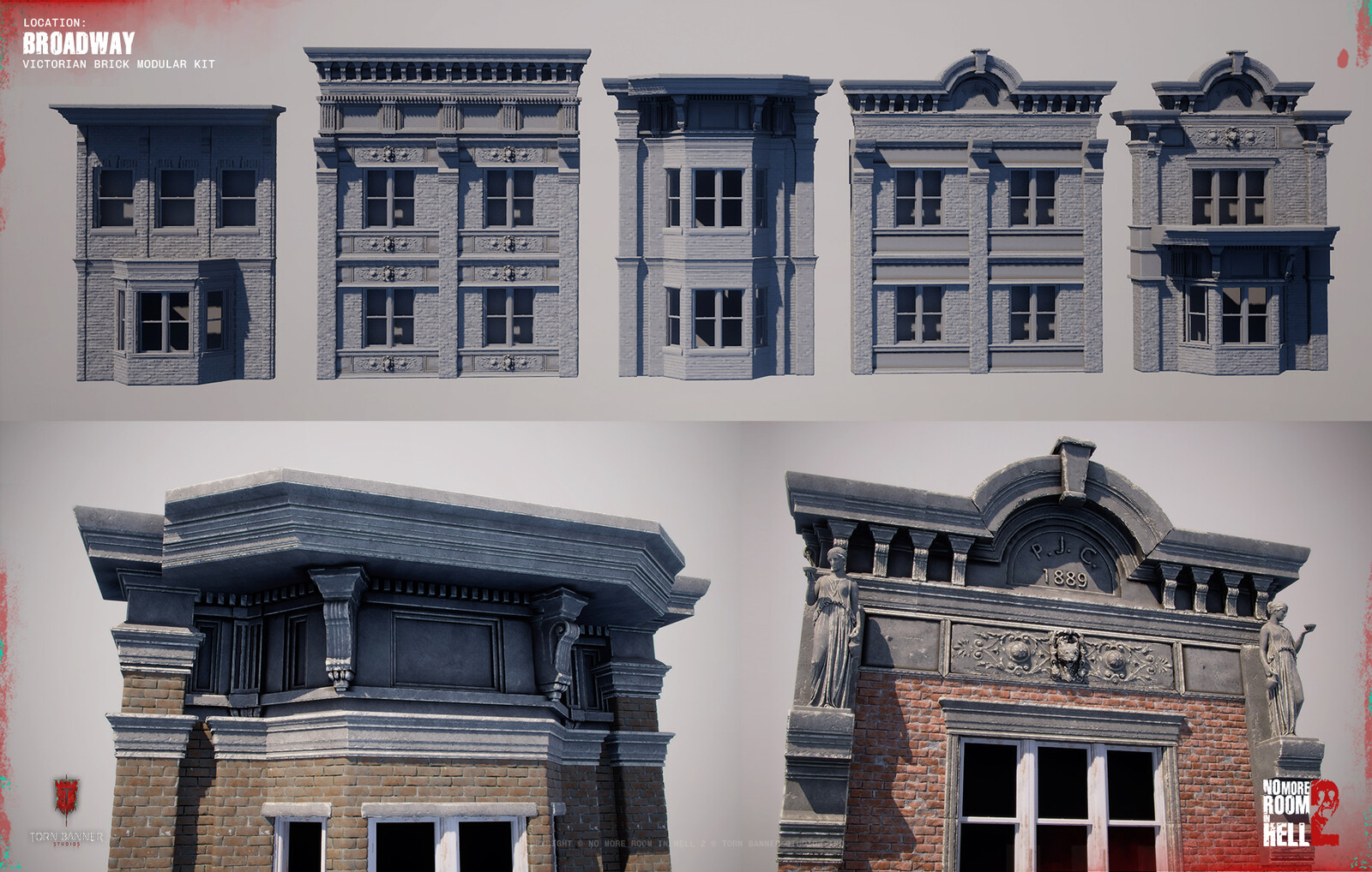 Modular elements used to build consistent downtown façades.