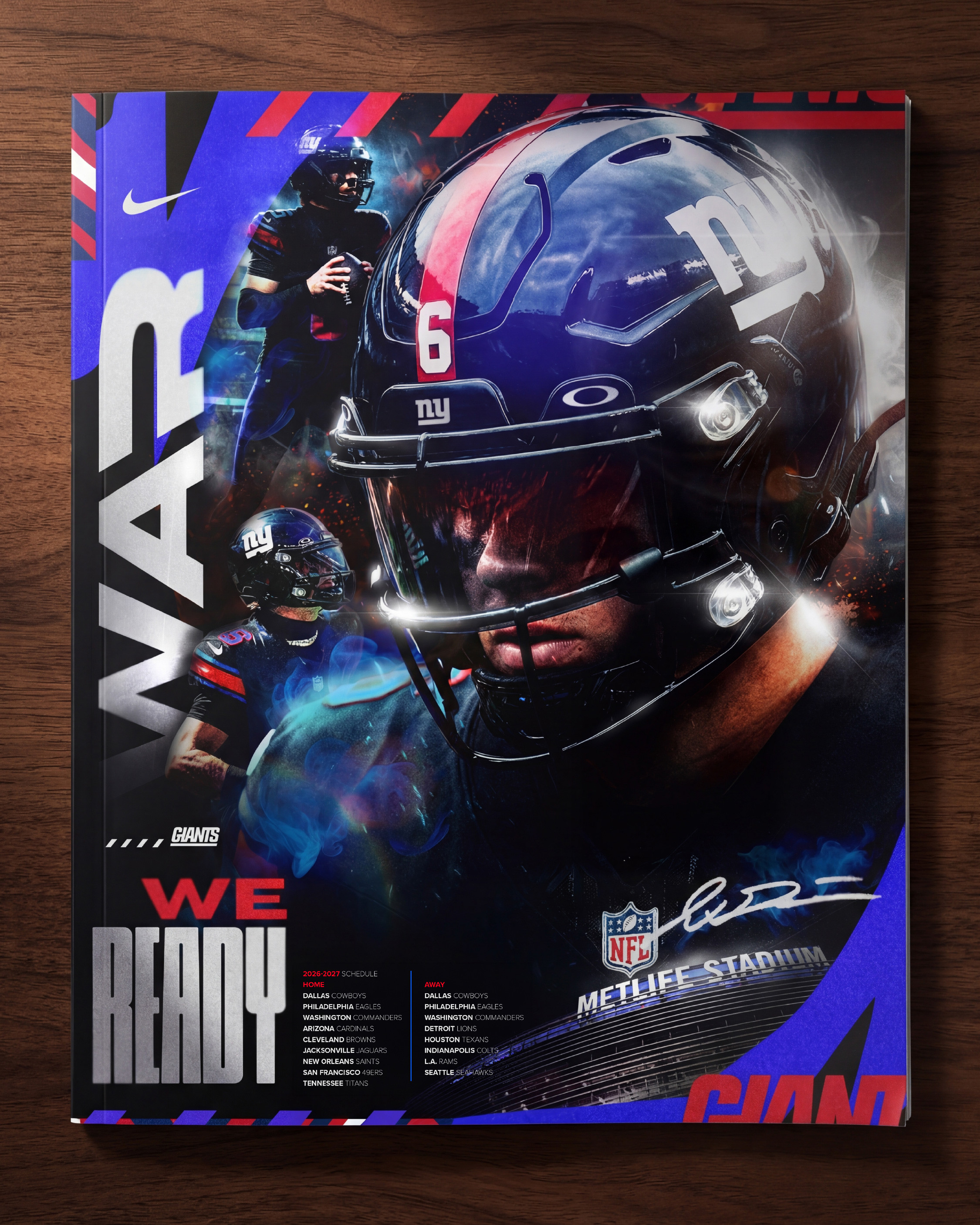 The editorial environment. The campaign as a premium sports magazine hardcover, shot on dark wood with dramatic directional lighting catching the cover stock and page depth