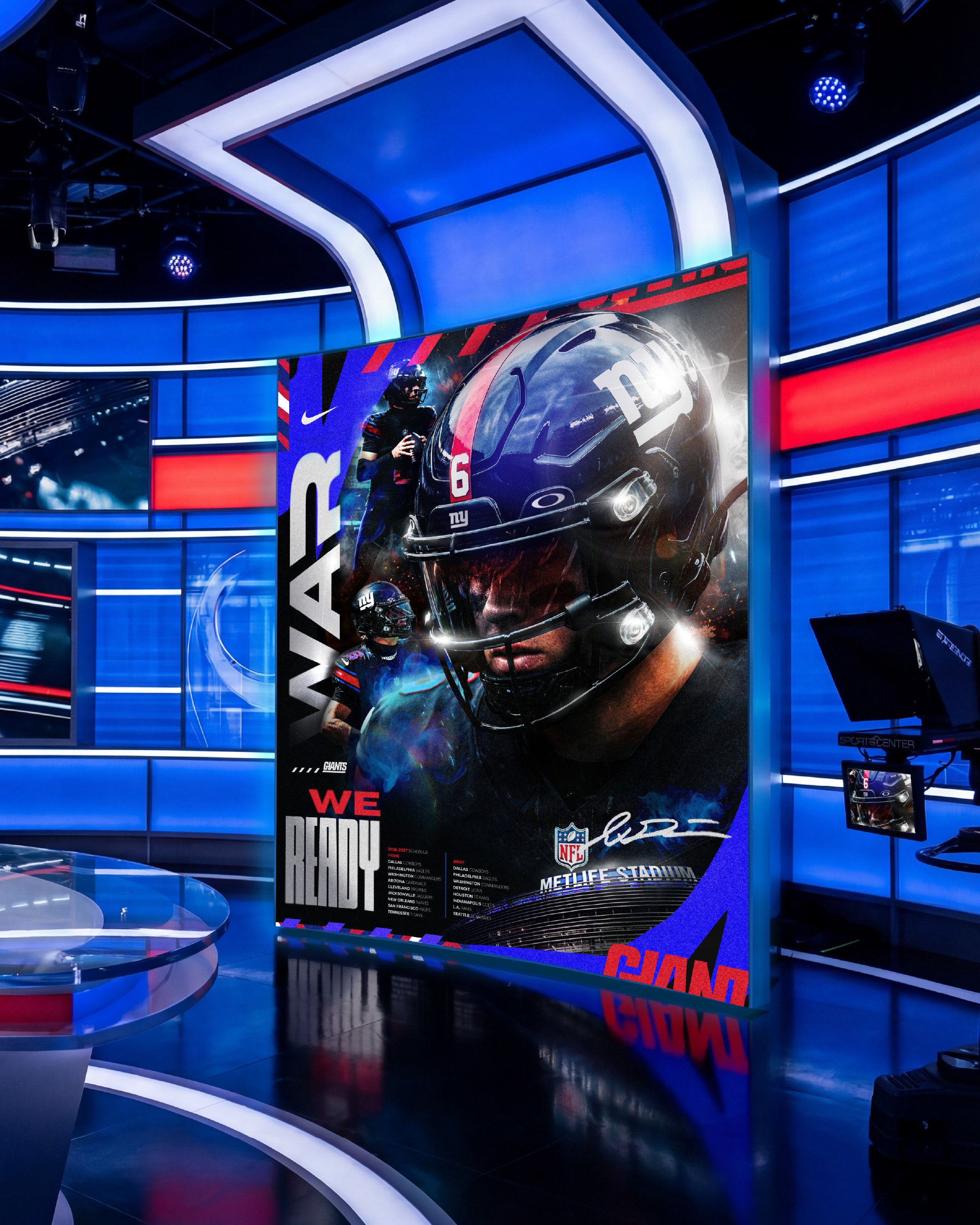 The broadcast environment. The campaign mounted as a large format display inside an ESPN SportsCenter style studio. The blue LED set design mirrors the Giants color palette naturally. Broadcast ready