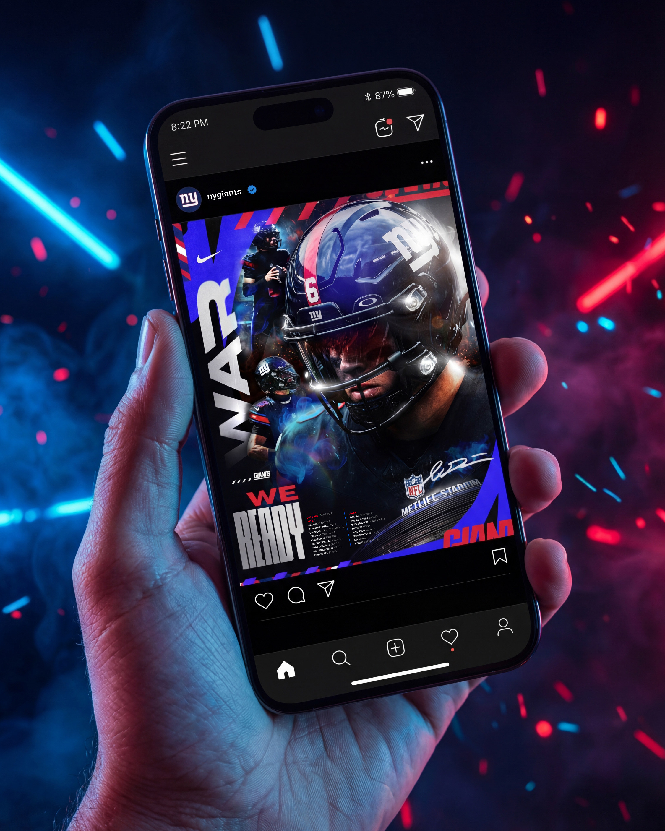 The digital environment. The campaign as a featured post on the official Giants Instagram account, displayed on a premium smartphone with a cinematic neon background. Shows how the work translates to social at scale