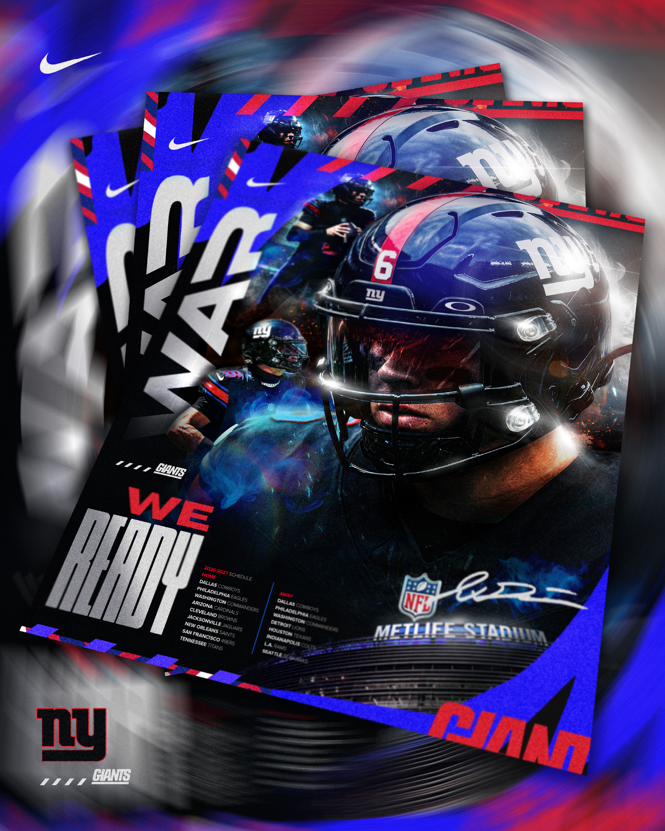 The print environment. Multiple poster prints stacked with a dynamic motion blur background showing the physical product quality and the Giants brand marks