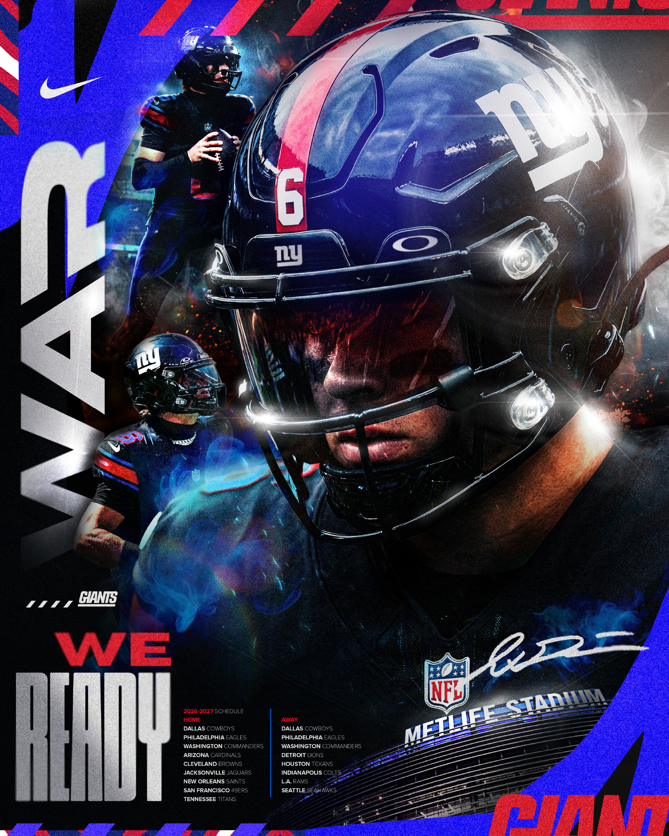 The key art. Jaxson Dart centered, helmet commanding the frame, blue smoke and atmospheric lighting setting the tone. WAR running vertically. WE READY at the bottom. Built as a full campaign declaration for a new era of Giants football