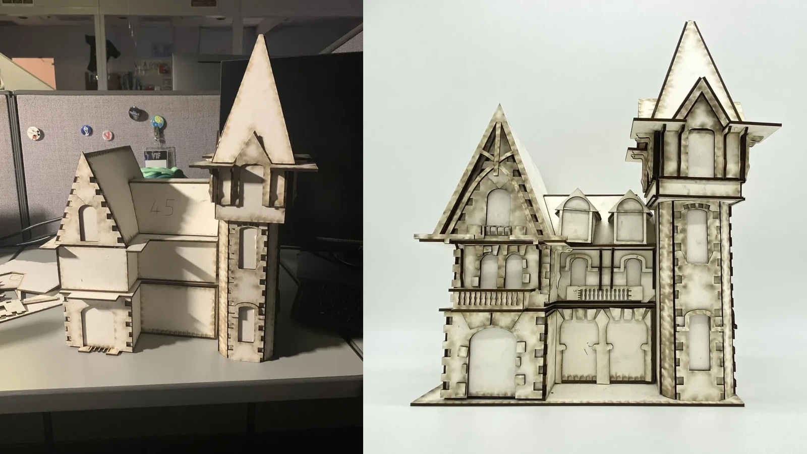 Side by side comparison of construction progress and the completed building.