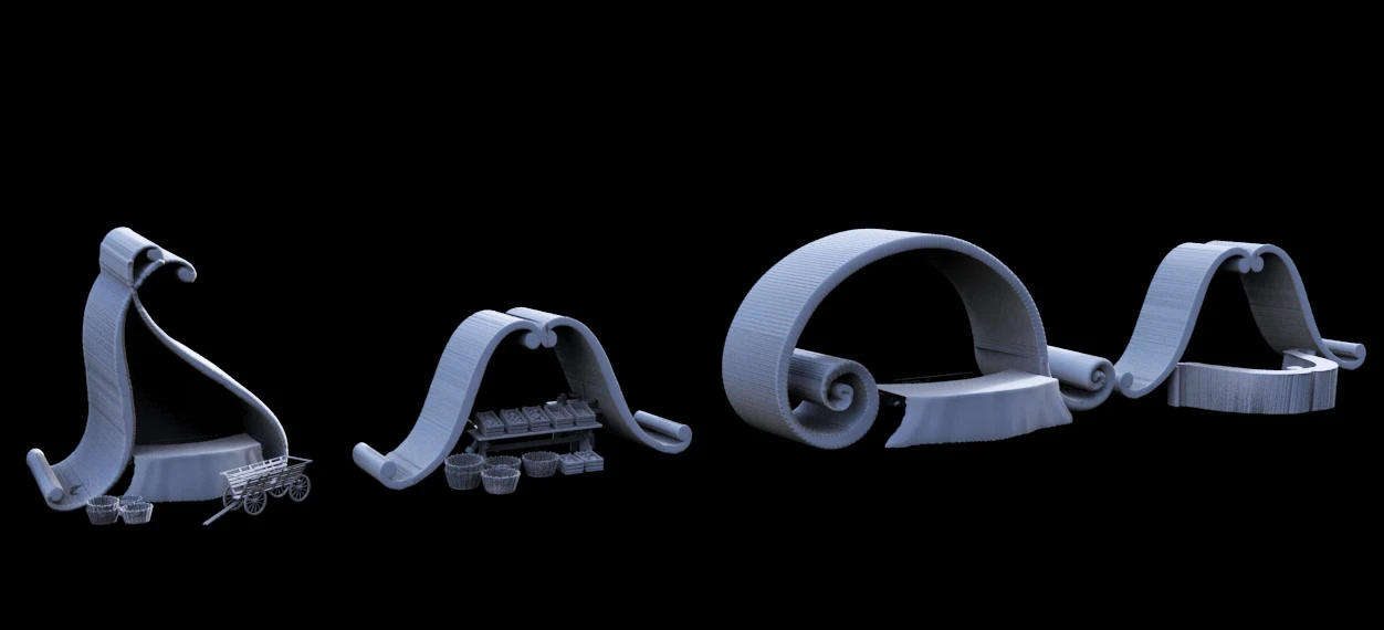 Stall designs, rough 3D.