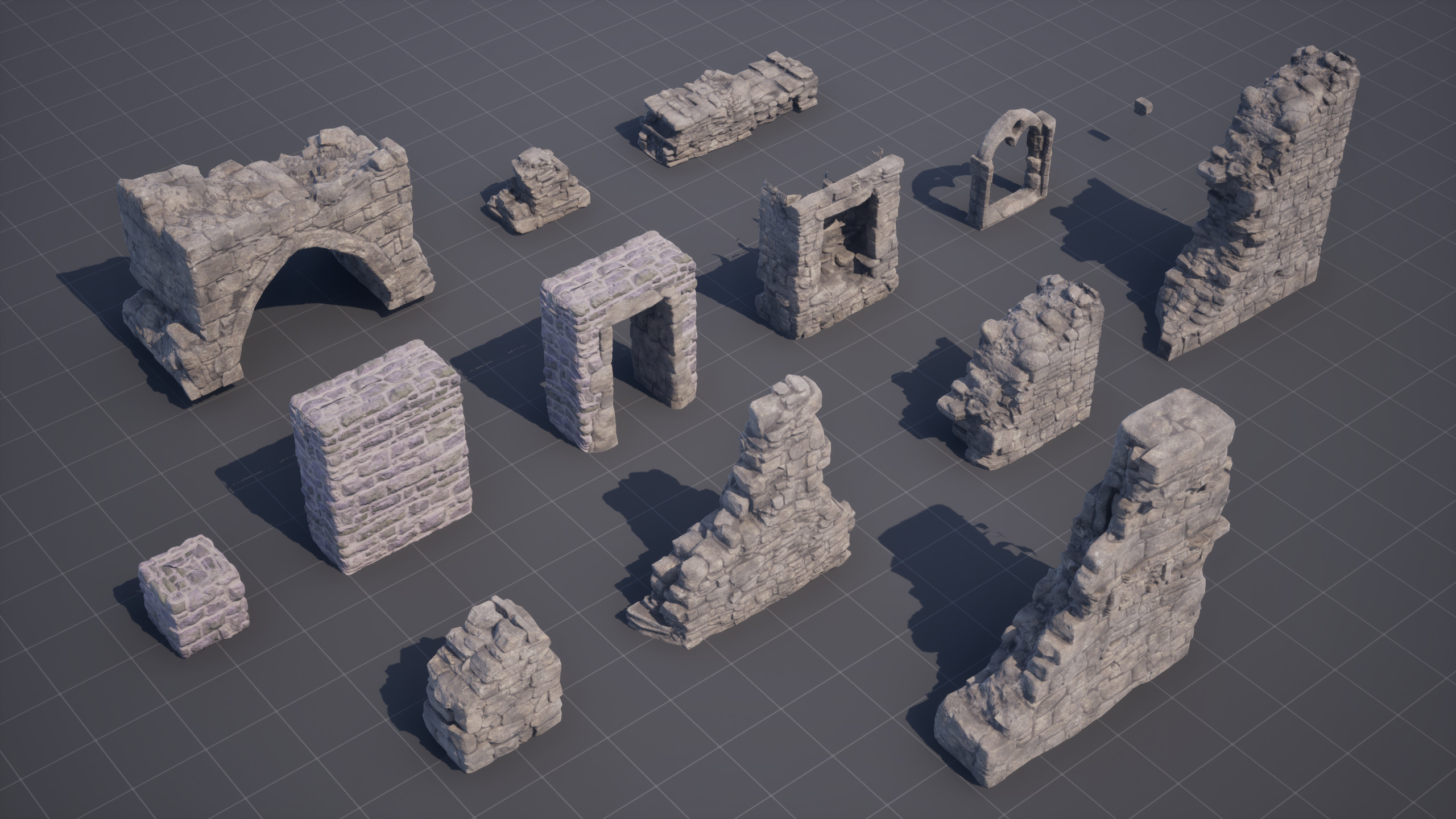 I used a combination of basic blocks (displaced with Megascans textures) and ruin pieces generated from photos on Meshy.
I intentionally mixed and matched different stonework types to create variation as seen in the reference.