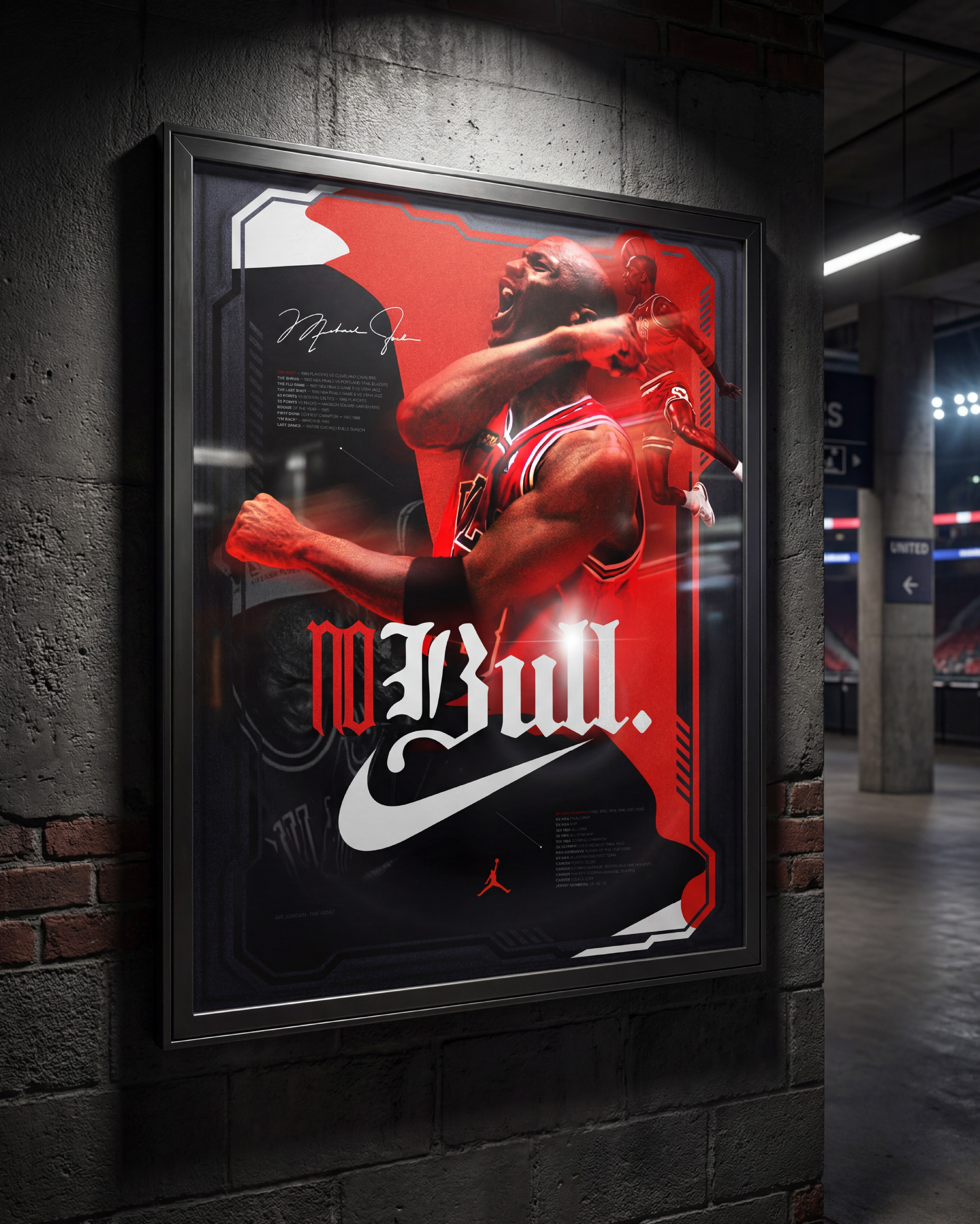 Framed and mounted inside the United Center corridor. His arena. His walls. The "United Gate" sign visible in the background wasn't an accident in the mockup selection. This is exactly where this poster belongs