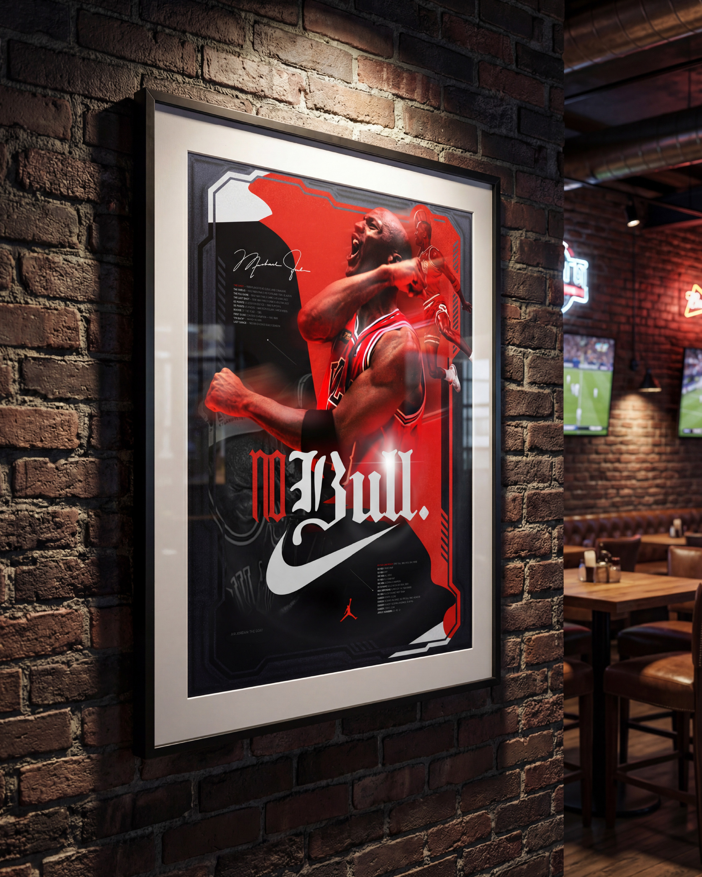 Every sports bar in America has something MJ on the wall. This one belongs there more than anything currently hanging. The white mat frame against the exposed brick gives it the feel of a permanent institution