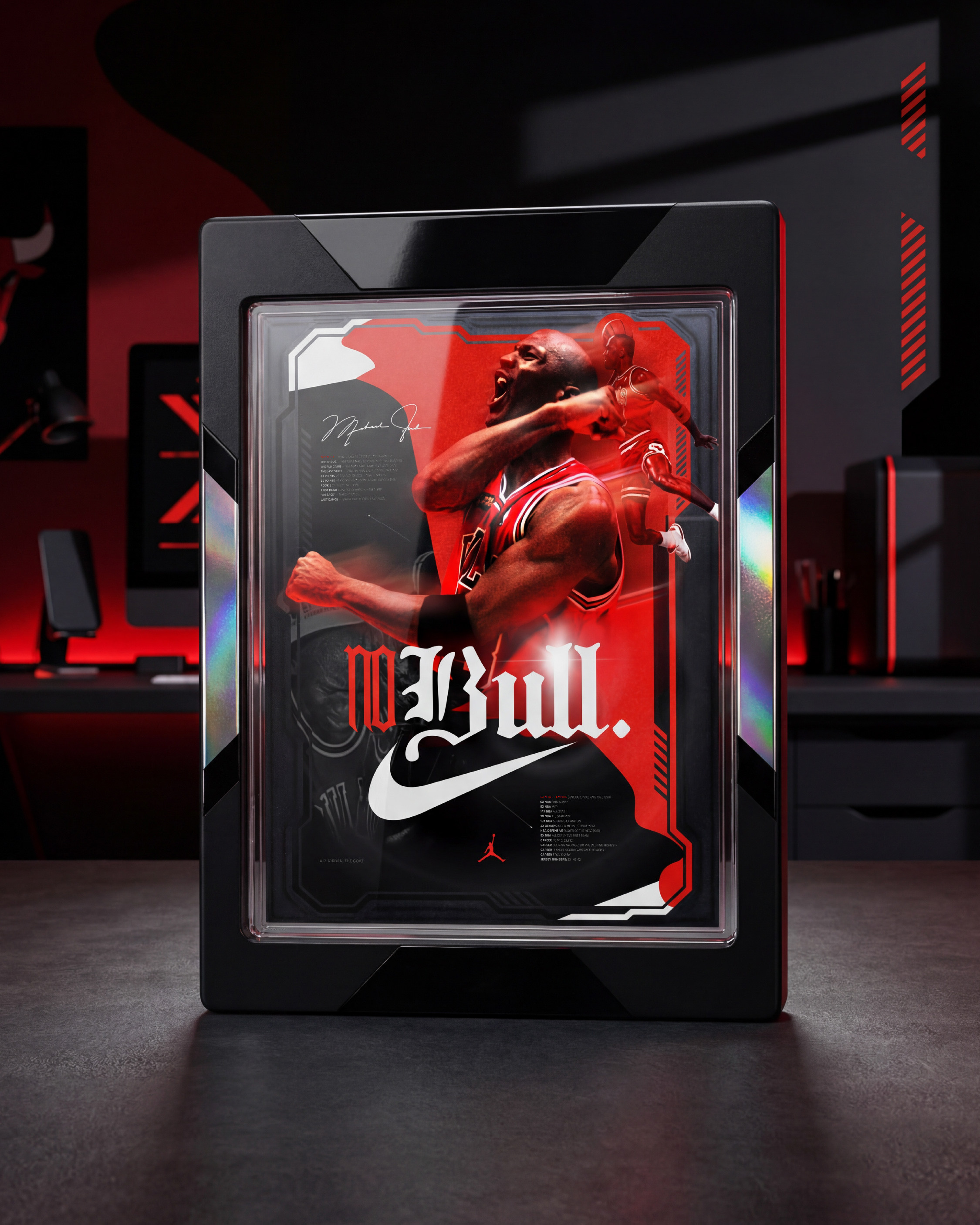 Premium acrylic collector display case. The holographic edge treatment on the frame catches the red ambient light from the room and ties the environment back to the poster palette. Built for the collector who wants the piece protected and displayed 