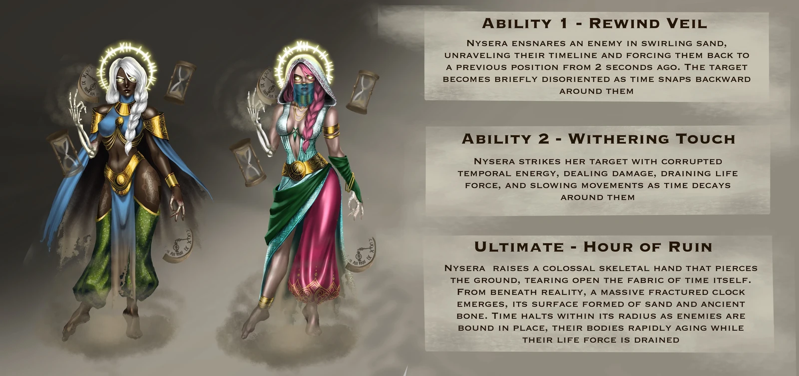Now, she is a force of nature. Her skin cracks under the weight of centuries, and her skeletal arm serves as a grim reminder that time claims all. A silent guardian of the dunes, she can bloom a flower or turn a kingdom to dust with a single gesture.