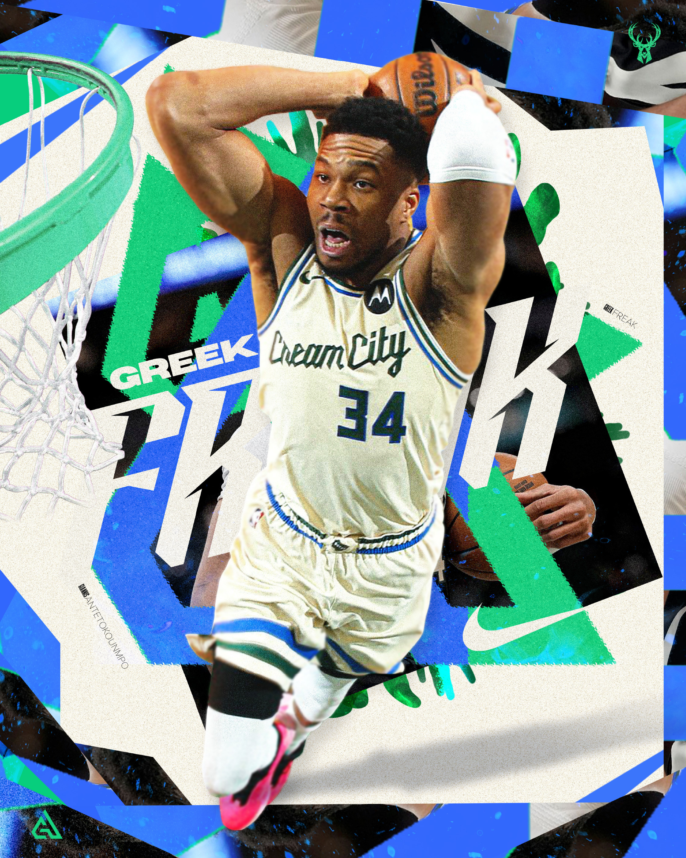 Editorial collage campaign concept for Giannis Antetokounmpo. Fragmented geometric elements in Bucks green and electric blue, bold GREEK FREAK typography, Nike swoosh integrated naturally