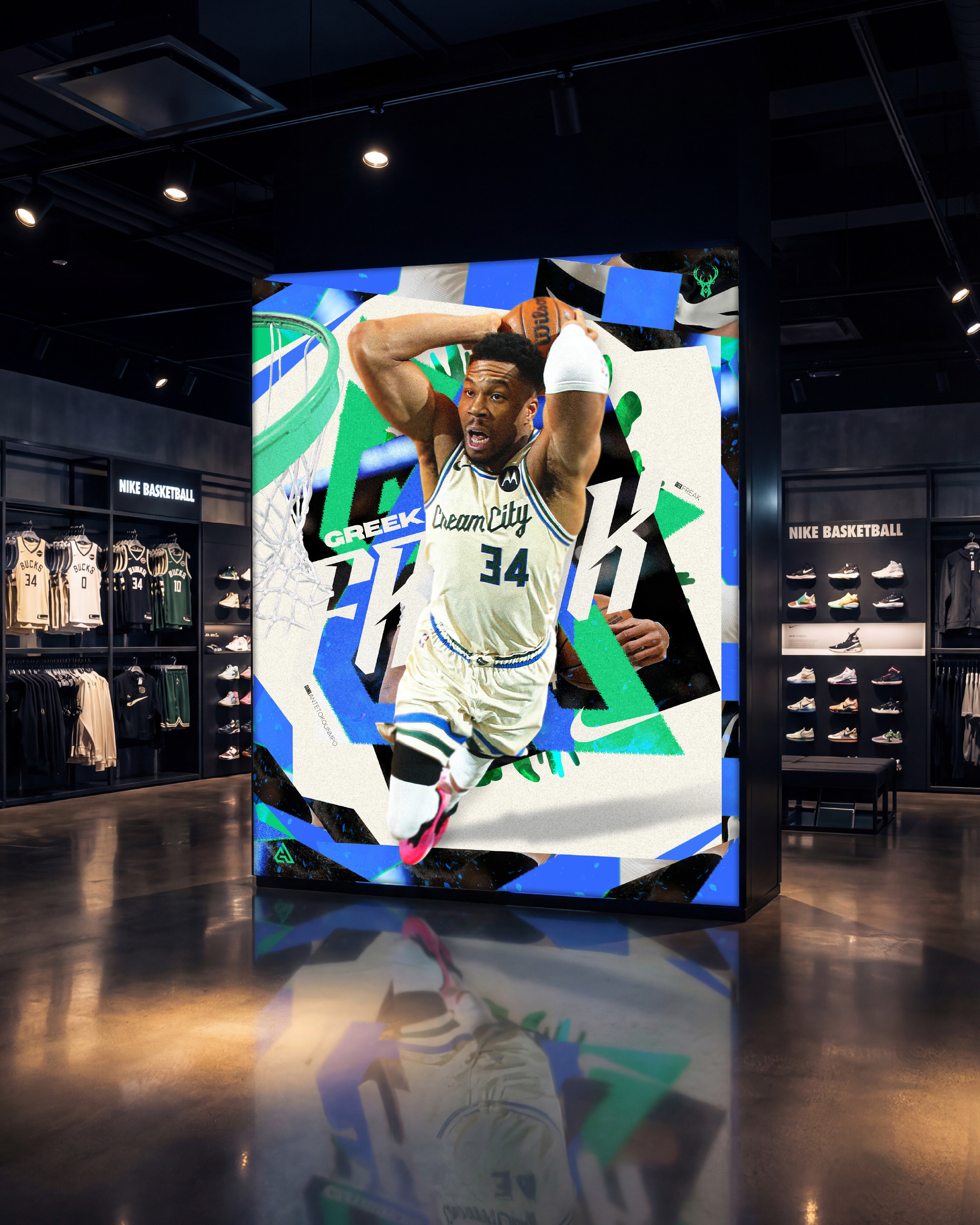 The campaign as the dominant LED feature wall in a Nike Basketball flagship store. Bucks jerseys on the shelving, polished concrete floor reflection
