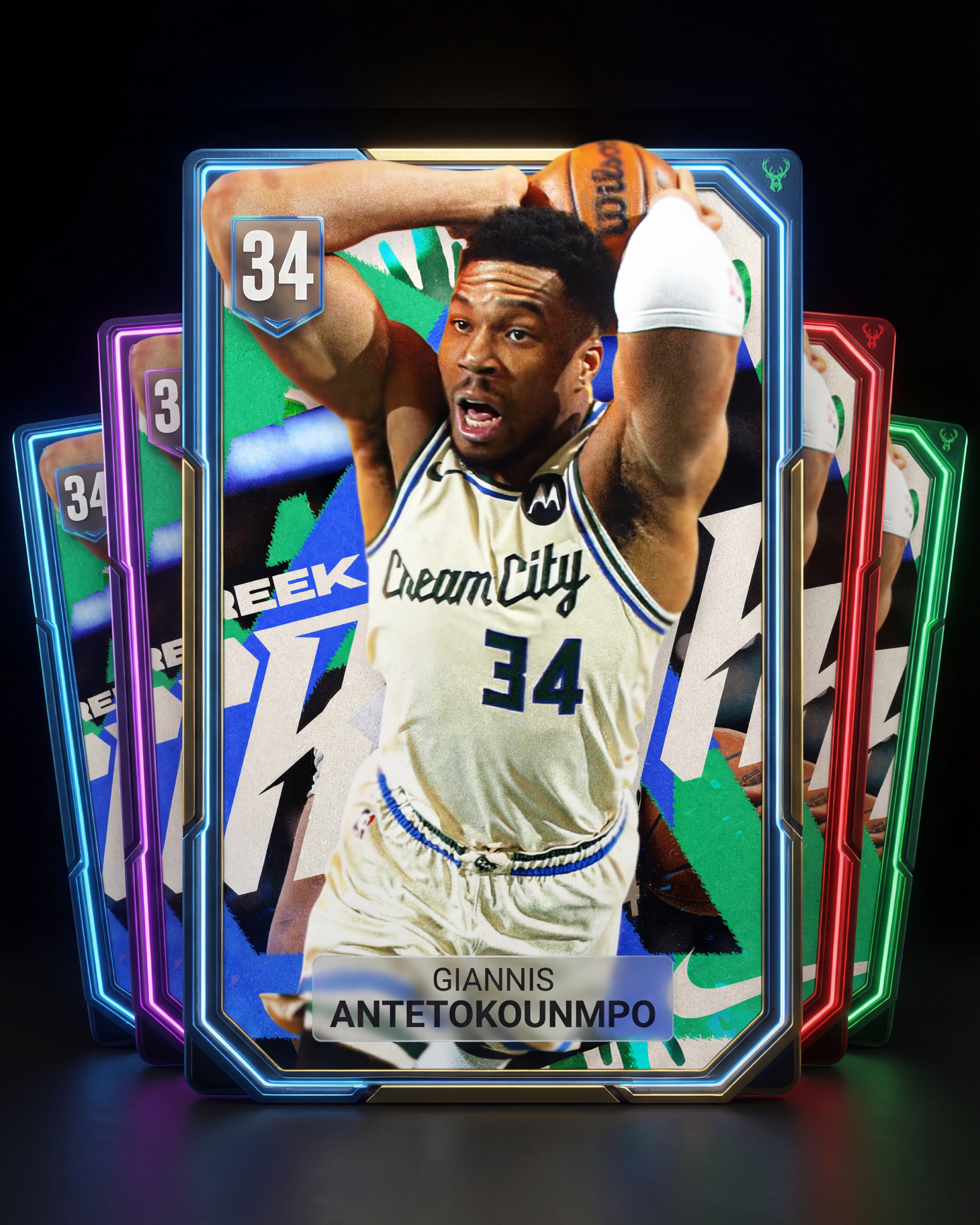 The design rendered as an NBA MyTeam player card with neon frame, rating badge, nameplate, and multiple tier color variants. This is what the Greek Freak looks like in the card collecting world