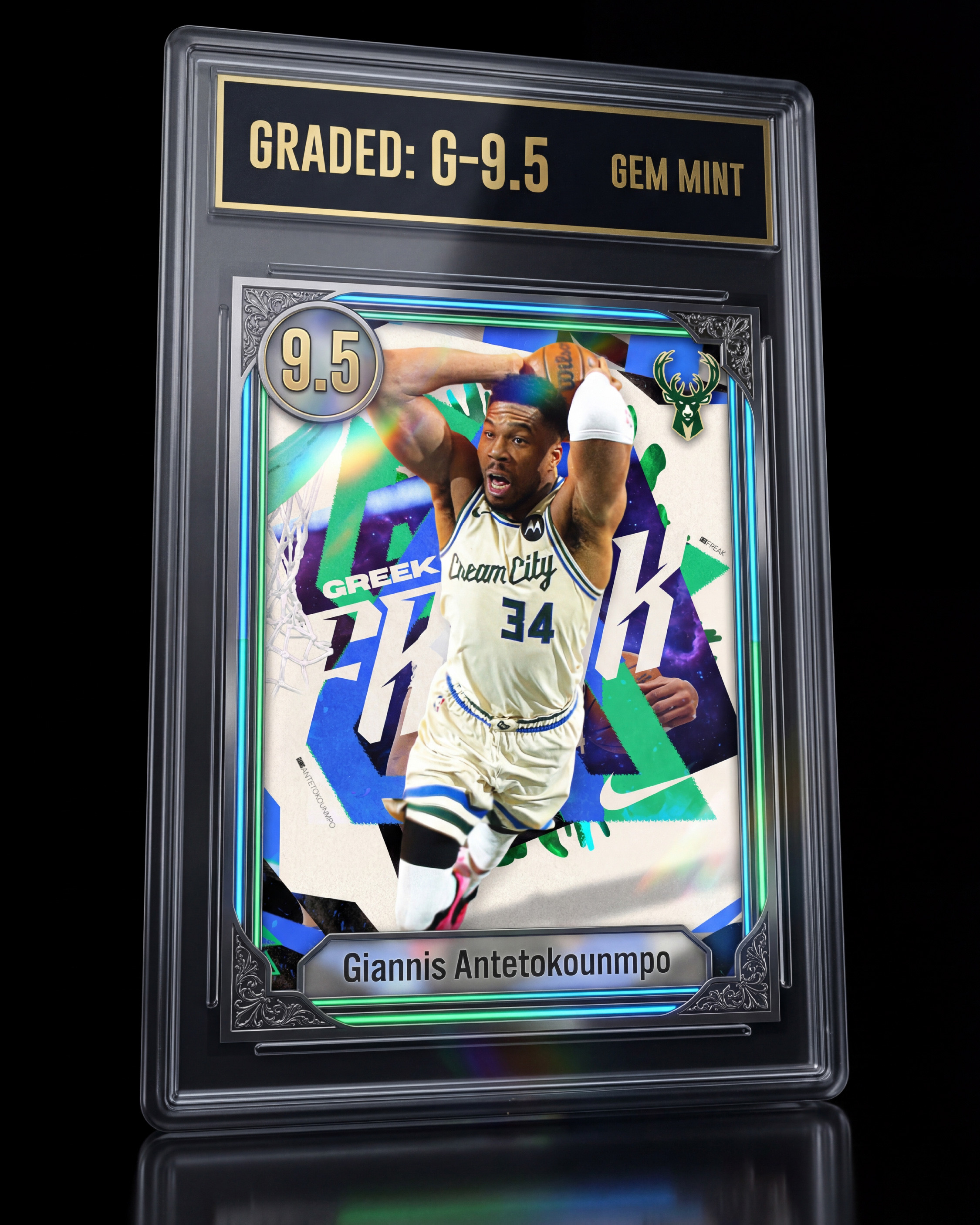 The design encased in a professional grading slab with a G-9.5 GEM MINT designation. Holographic prismatic treatment on the card surface. This is what a valuable piece of memorabilia looks like
