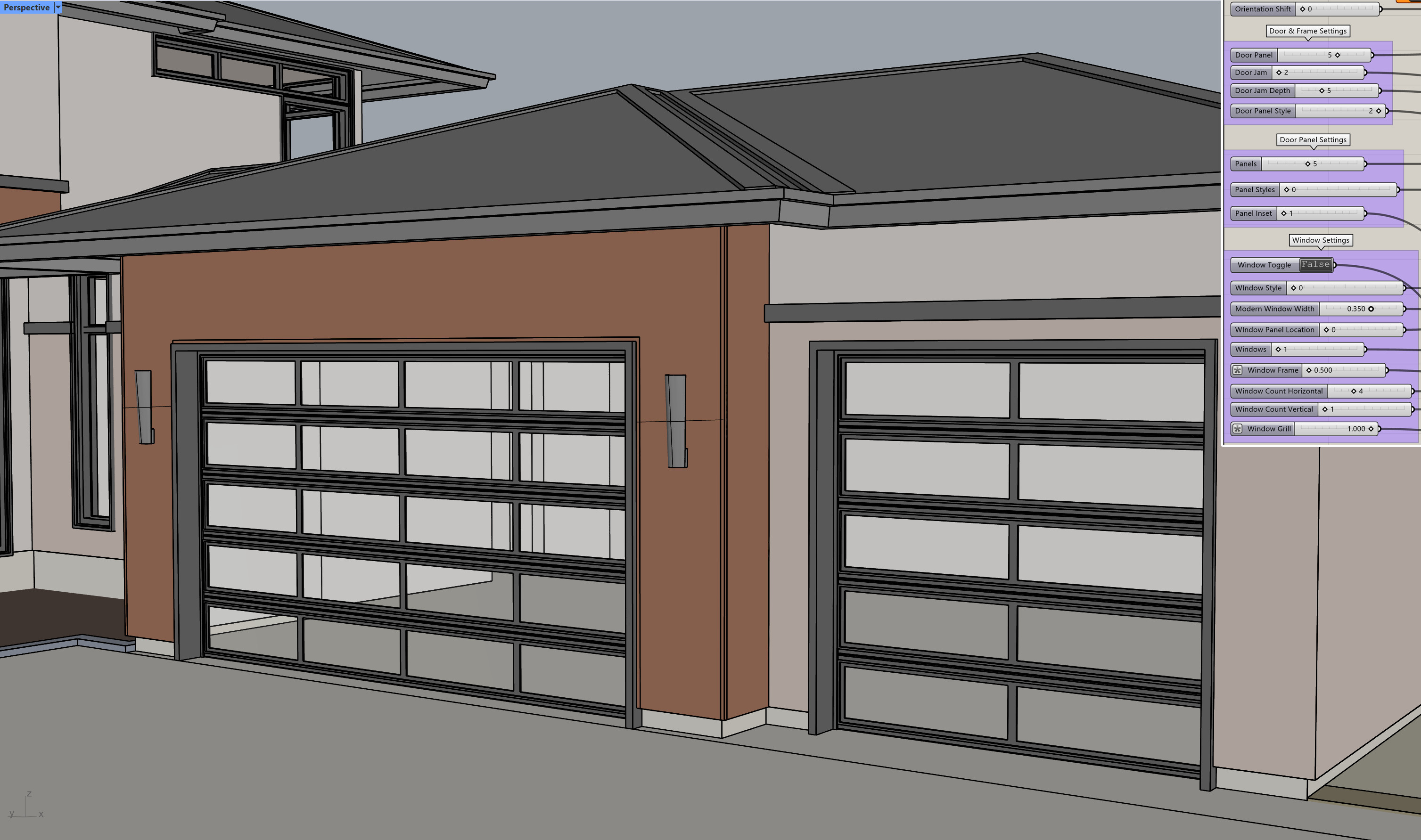 Rhino viewport screengrab of the garage doors and the controls for a Grasshopper garage door script.