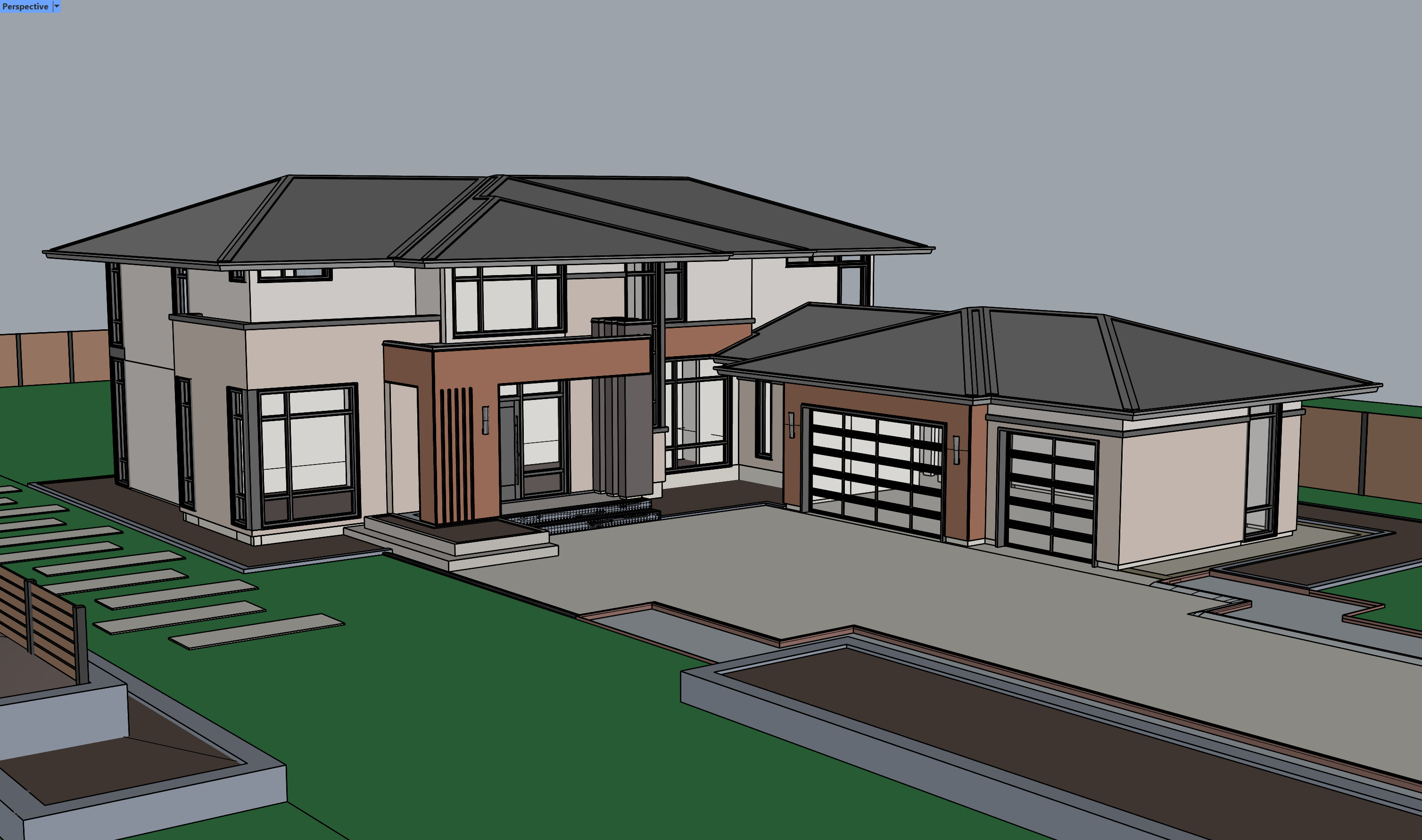 Rhino viewport screengrab of the house model and yard.