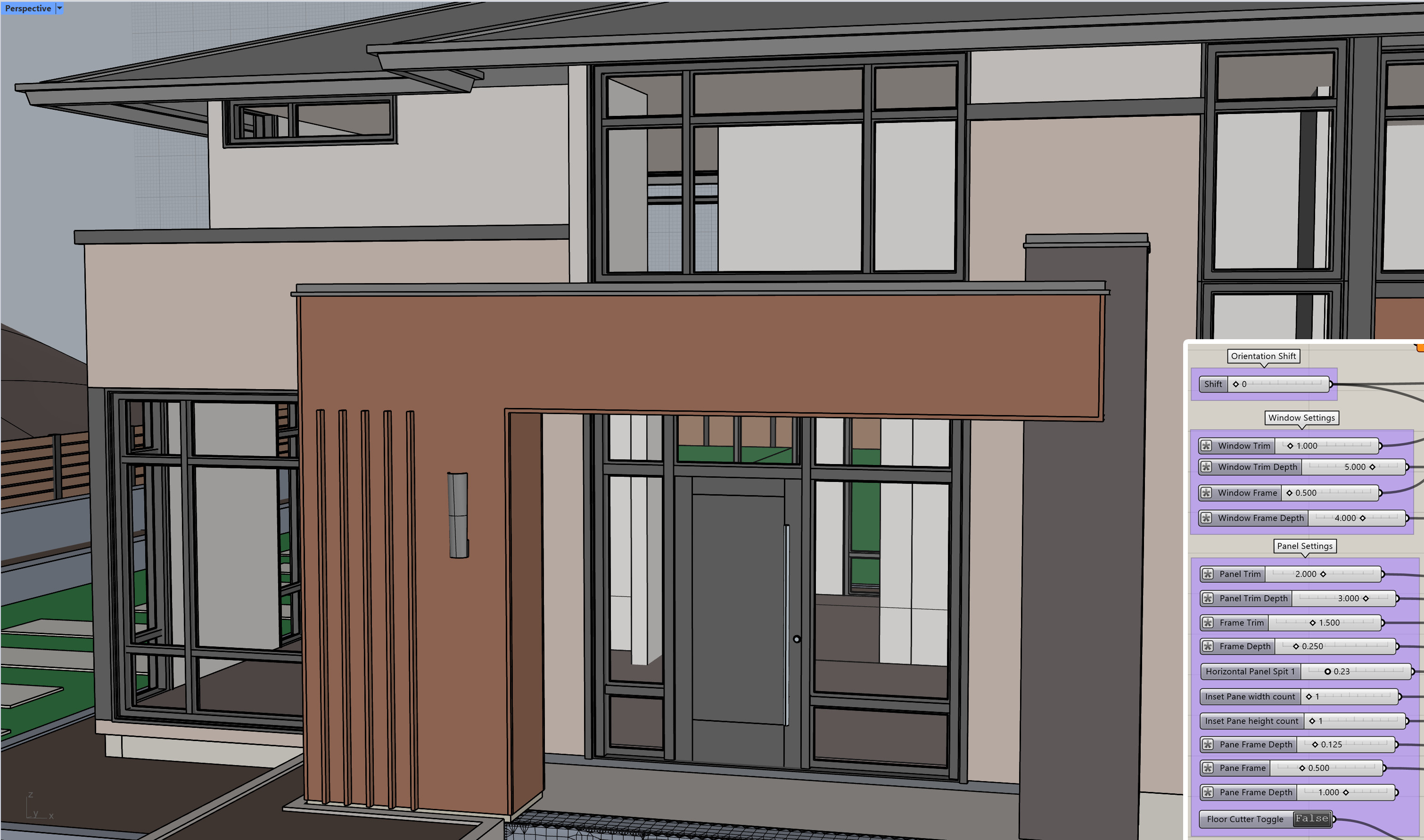 Rhino viewport screengrab of the main entrance and the controls for a Grasshopper window script.