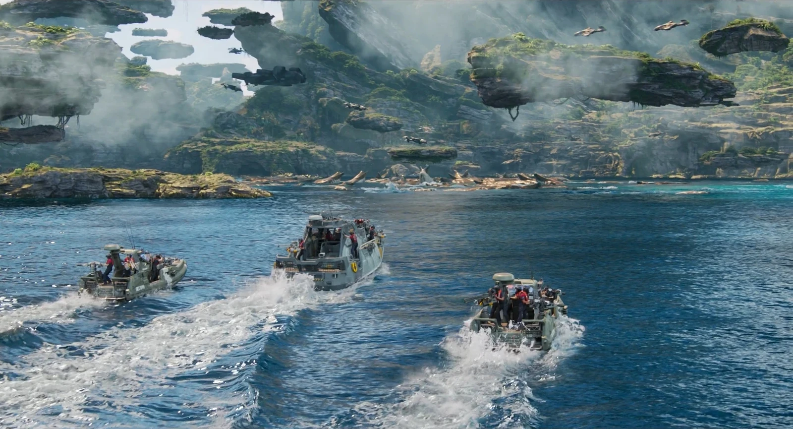 Environment dressing on coastal peninsula and background rock formations, including floating islands