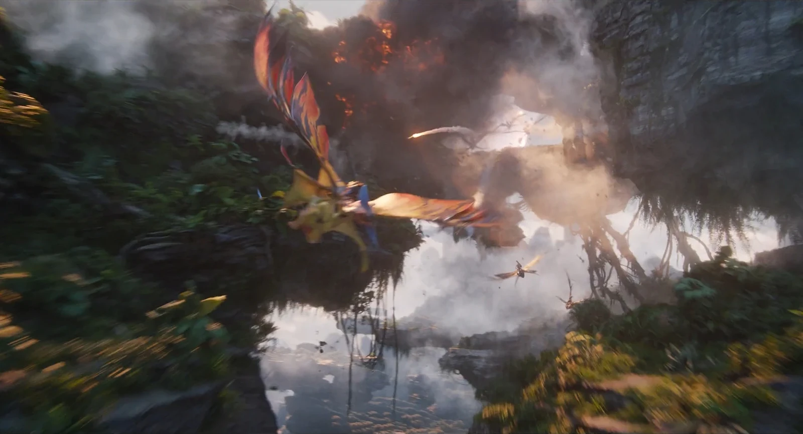 Layout refinement and environment dressing along Jake’s flight path, introducing rock mounds, trees and plants to preserve silhouette and correct scale