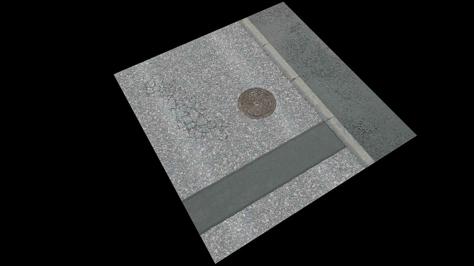 Asphalt with pavement, patch, car tracks, roadcracks, manhole and pine needles 