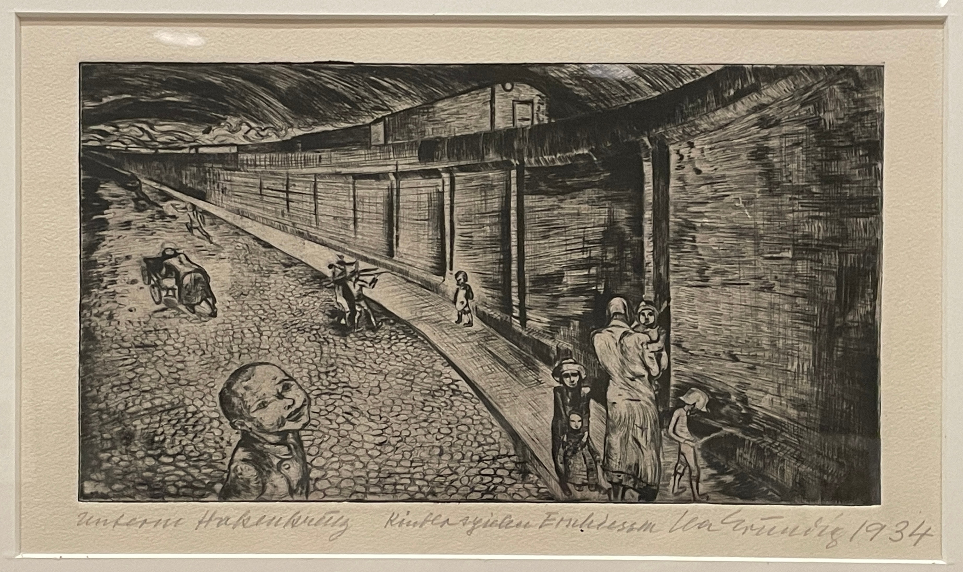 The original drypoint print entitled "Kinder spielen Erschießen (Children Play War)" by Lea Grundig. 1934.