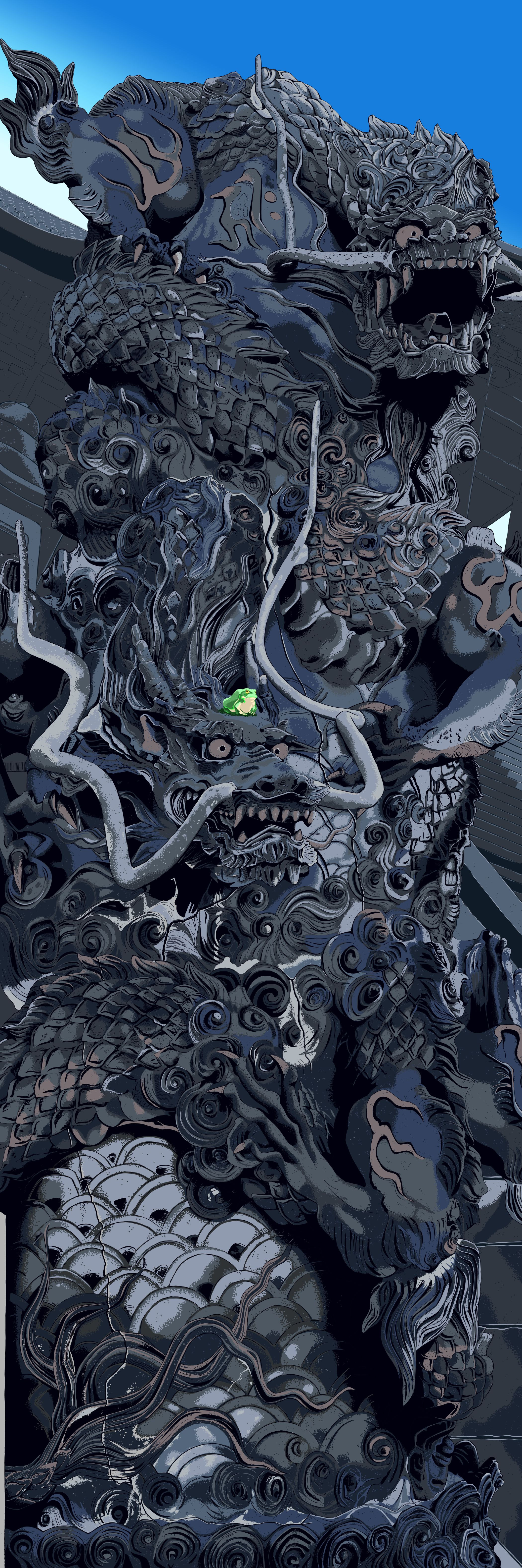 an illustrations of the azure dragons statue at Kiyomizu-dera Temple in Kyoto.  There is a small green toad on the top of one of the dragons heads