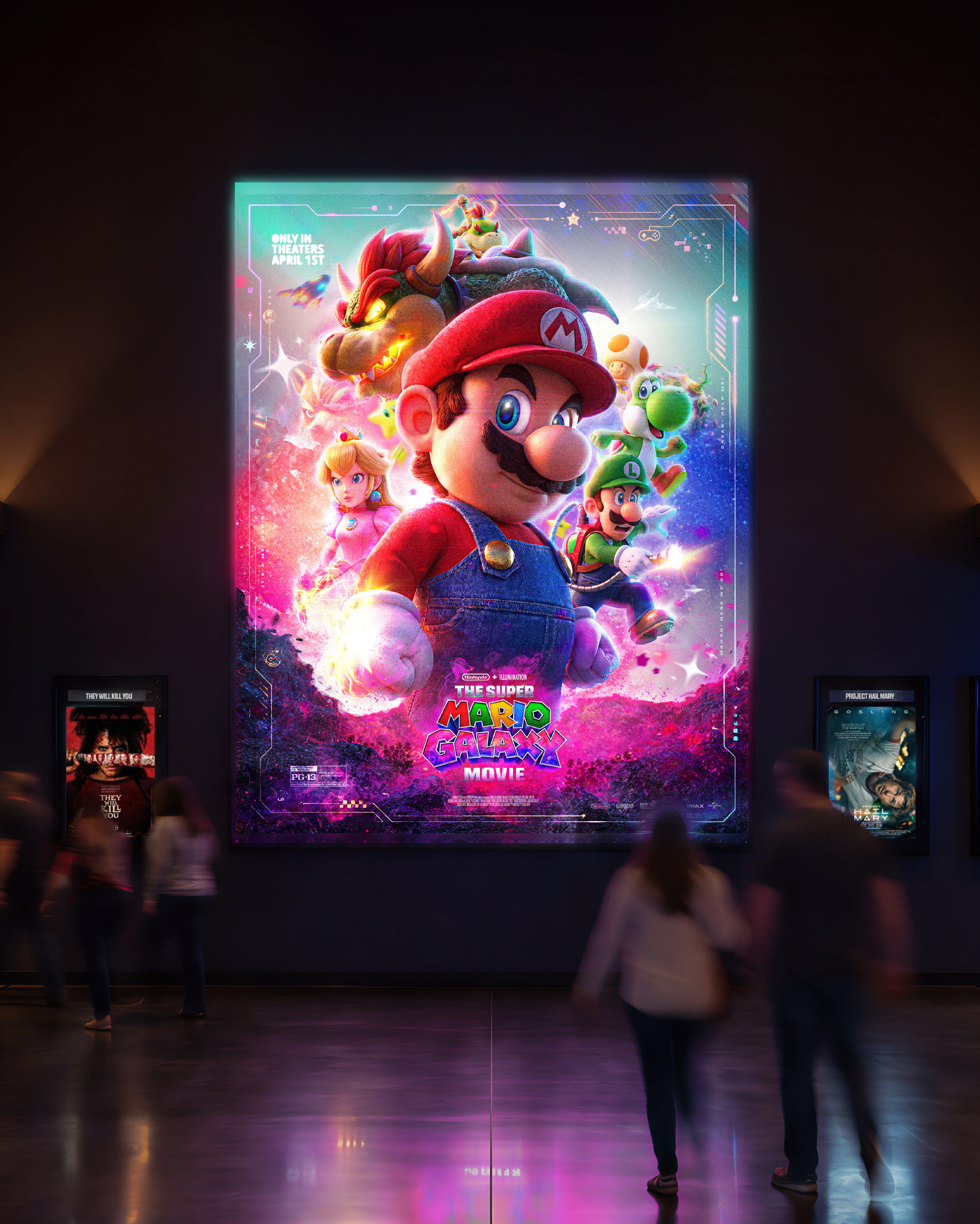 Opening weekend in an IMAX lobby. Backlit lightbox, blurred theatergoers, cosmic palette glowing across the floor