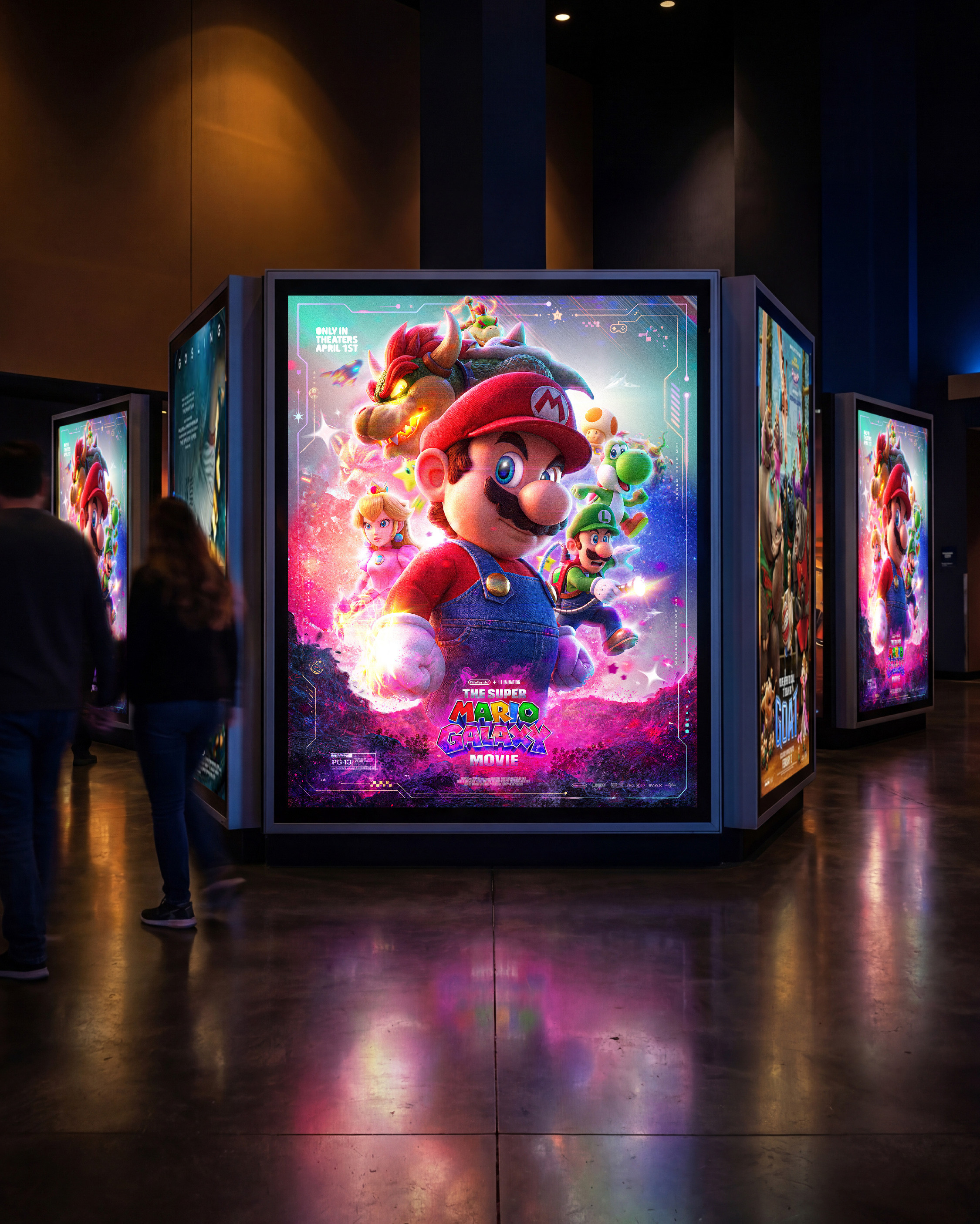 Three display cases, center stage. Exactly how a real multiplex lobby looks on opening weekend