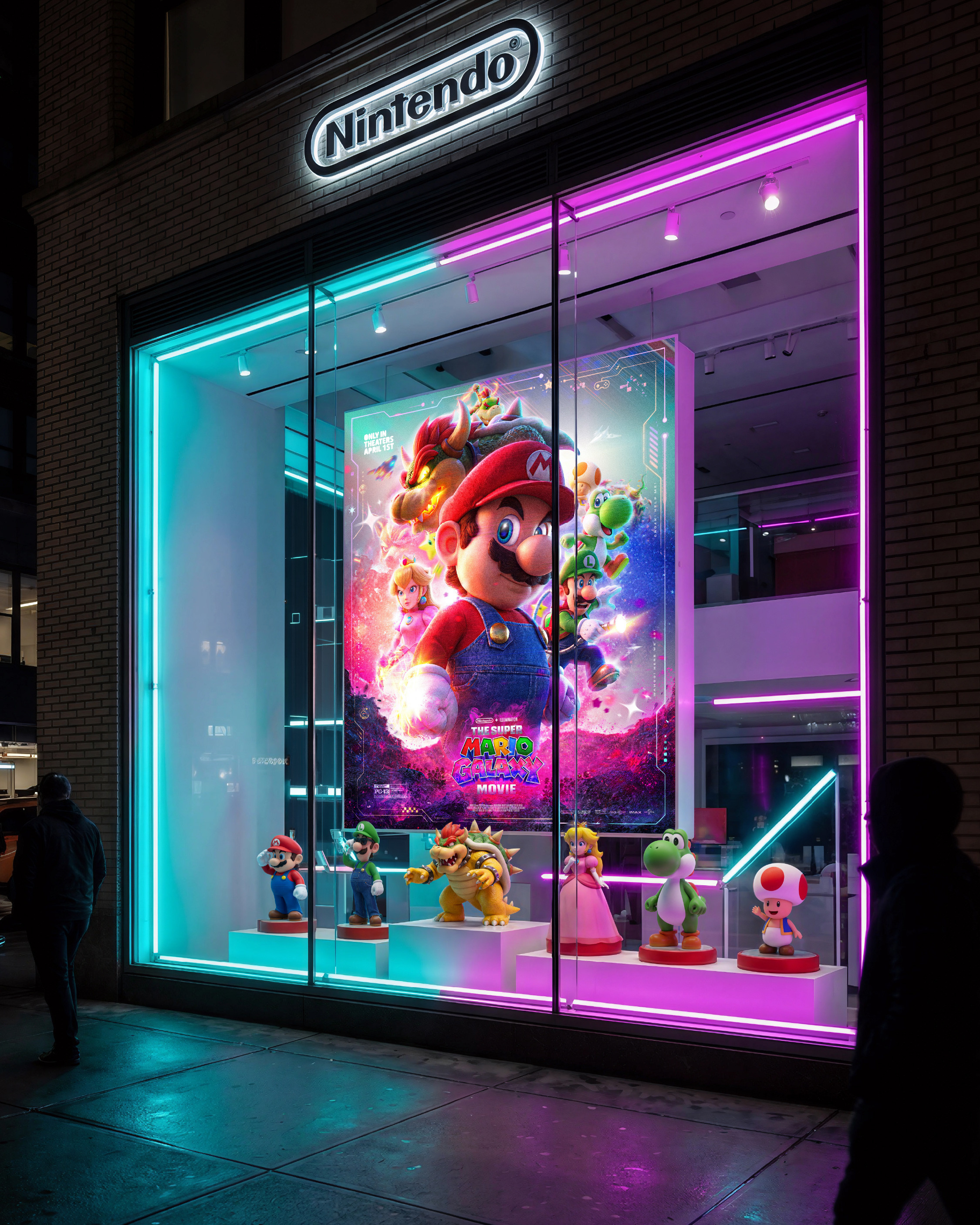 Nintendo flagship store at night. Teal and pink neon, full amiibo lineup below, Nintendo sign glowing above