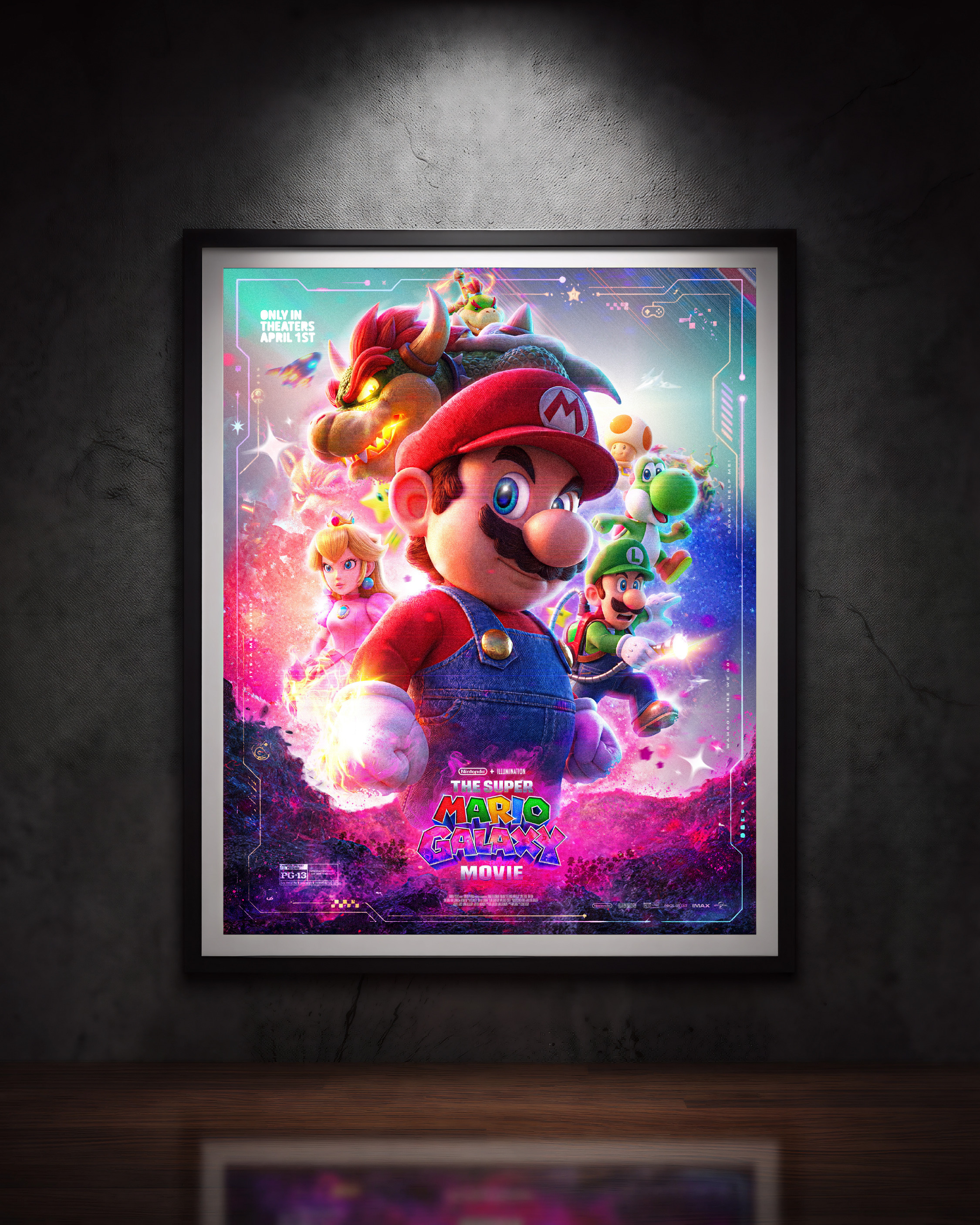 Premium black gallery frame, concrete wall, single spotlight from above. This is what it looks like in a collector's home