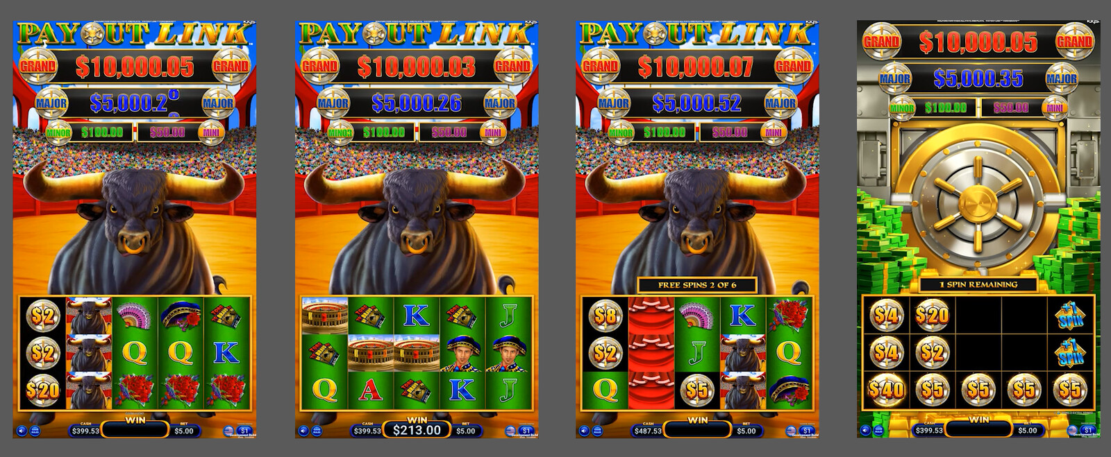 Toro Bravo Base Game, Free Spins, and Hold &amp; Spin Game Screens