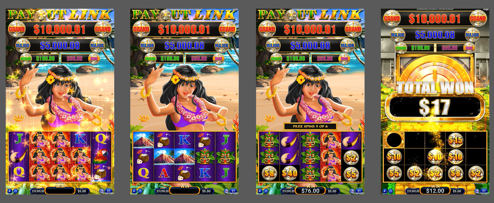 Island Oasis Base Game, Free Spins, and Hold &amp; Spin Game Screens