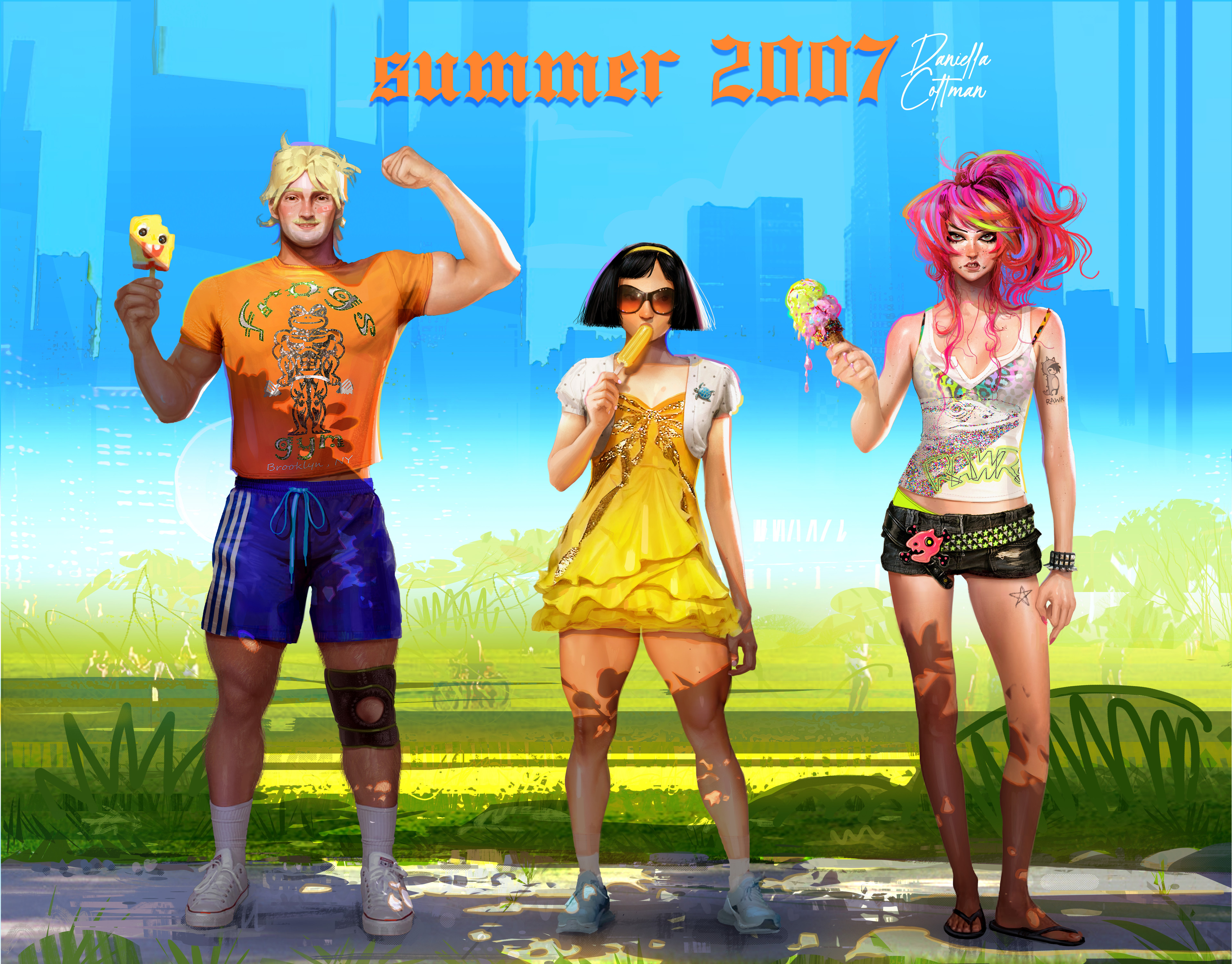 Summer costume design illustrations for a fantasy project set in 2007 New York City.